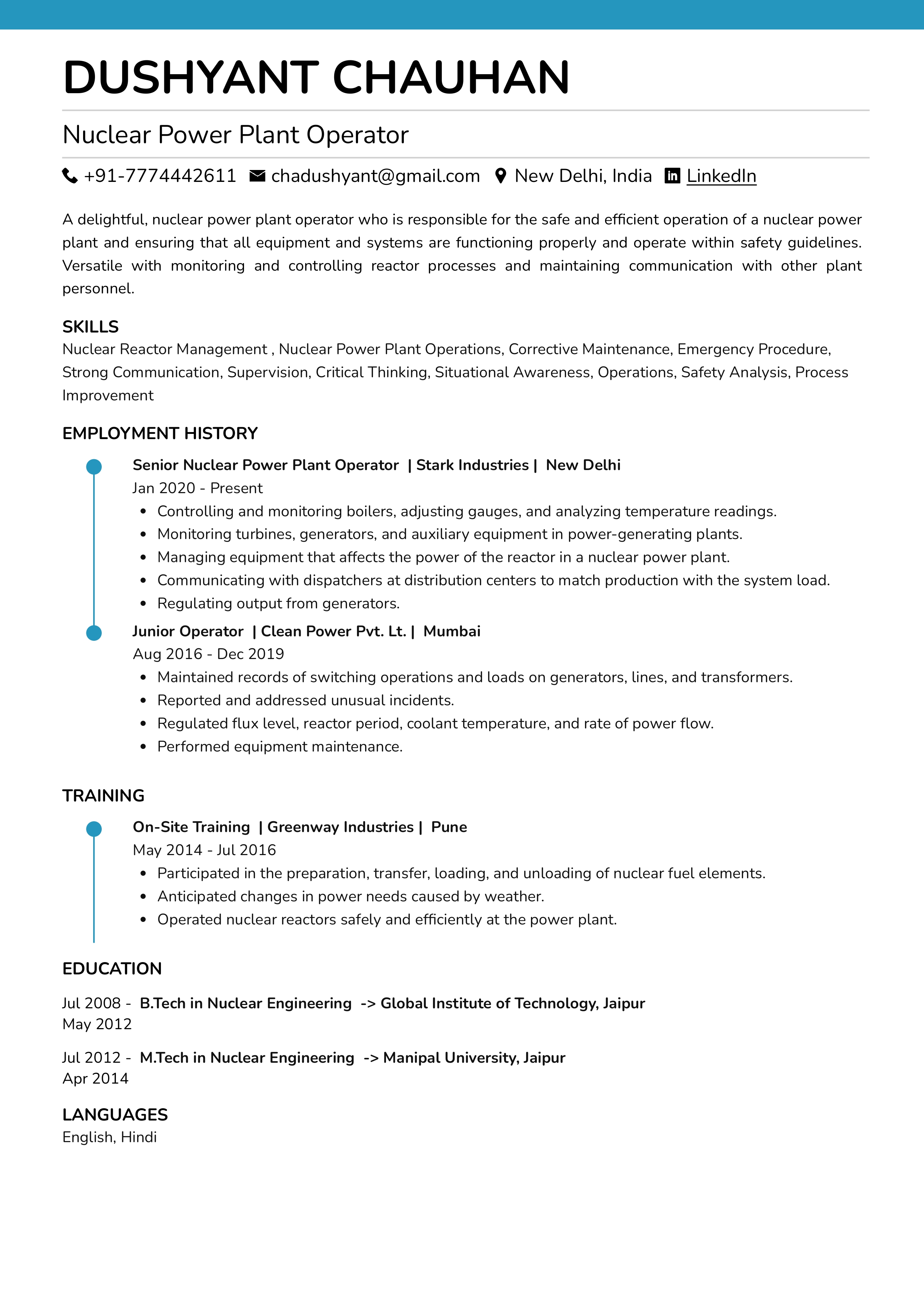 Sample Resume Of Nuclear Power Plant Operator With Template Writing