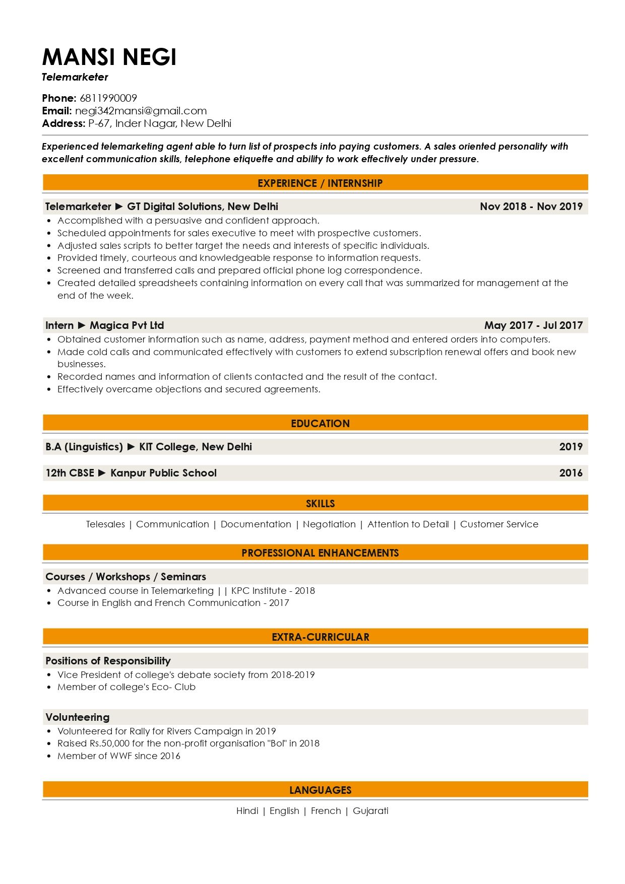 resume skills sample for freshers