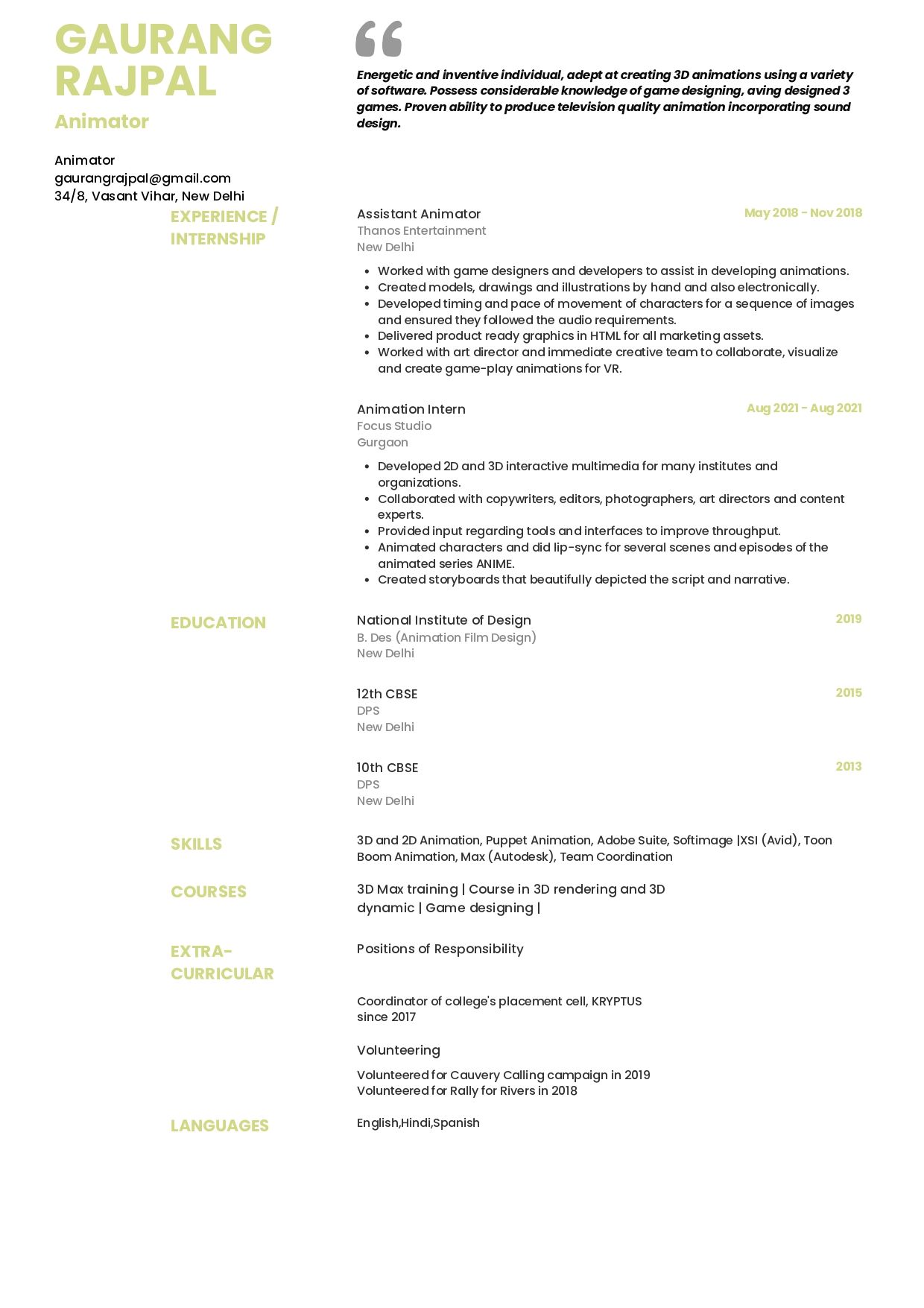 Animator's Resume built using Resumod's resume builder