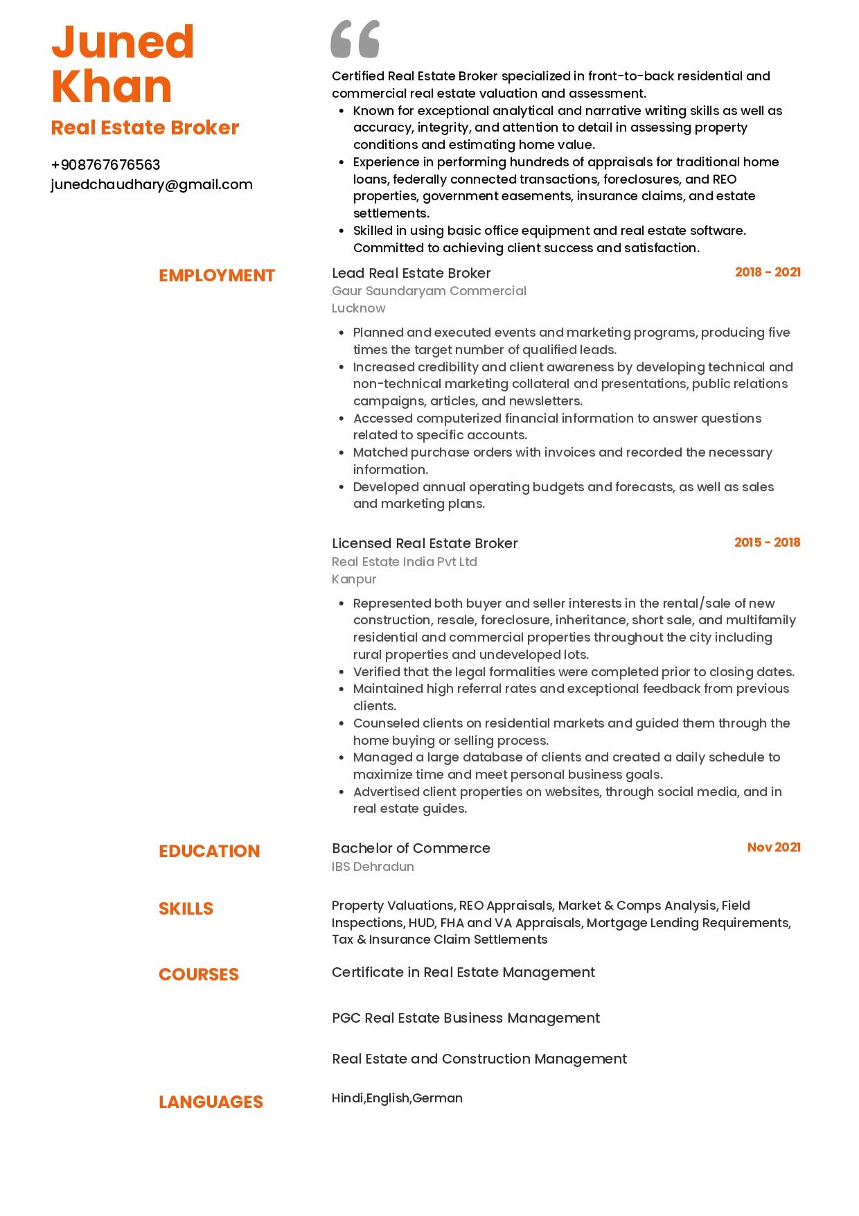 resume format for commerce students
