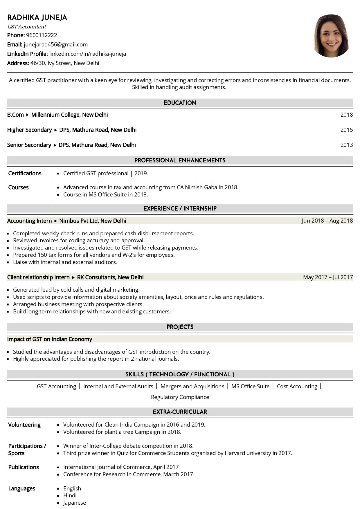 resume format for commerce student