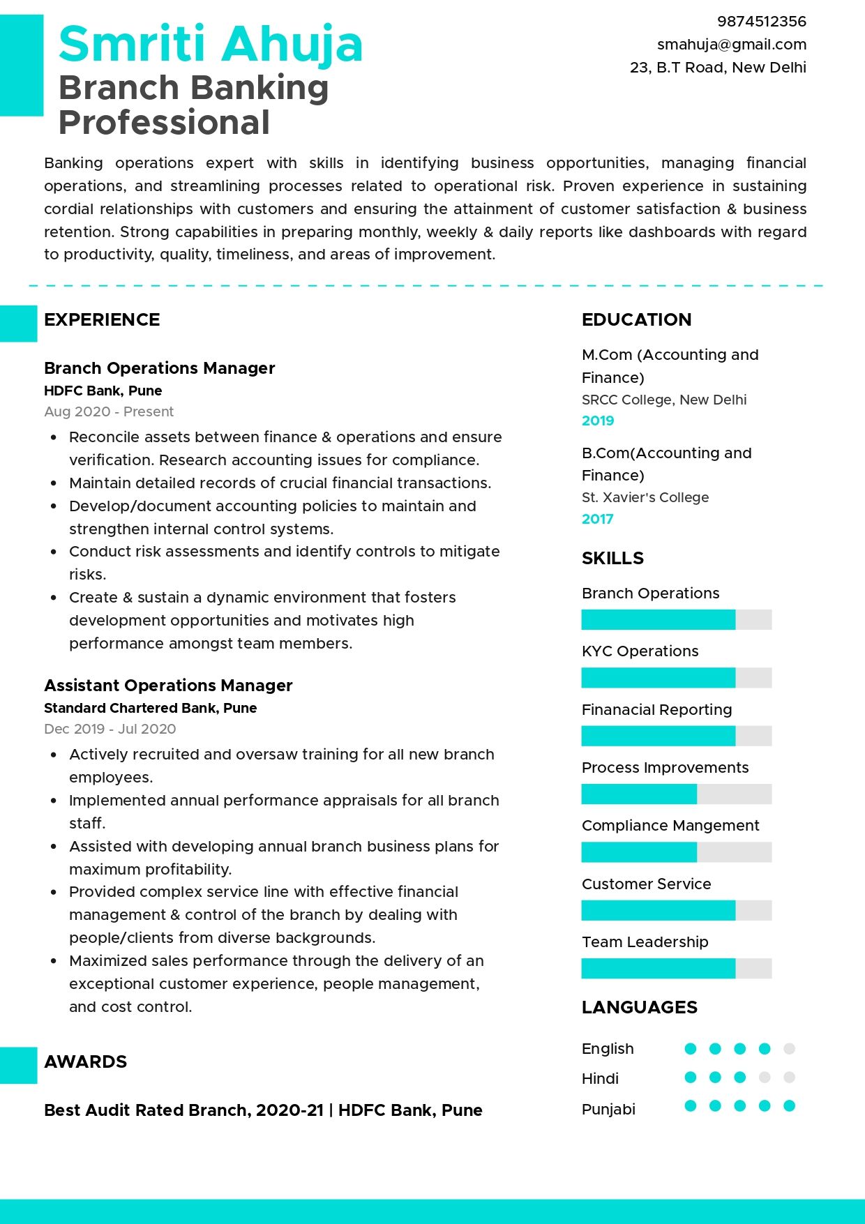 resume format for mcom freshers