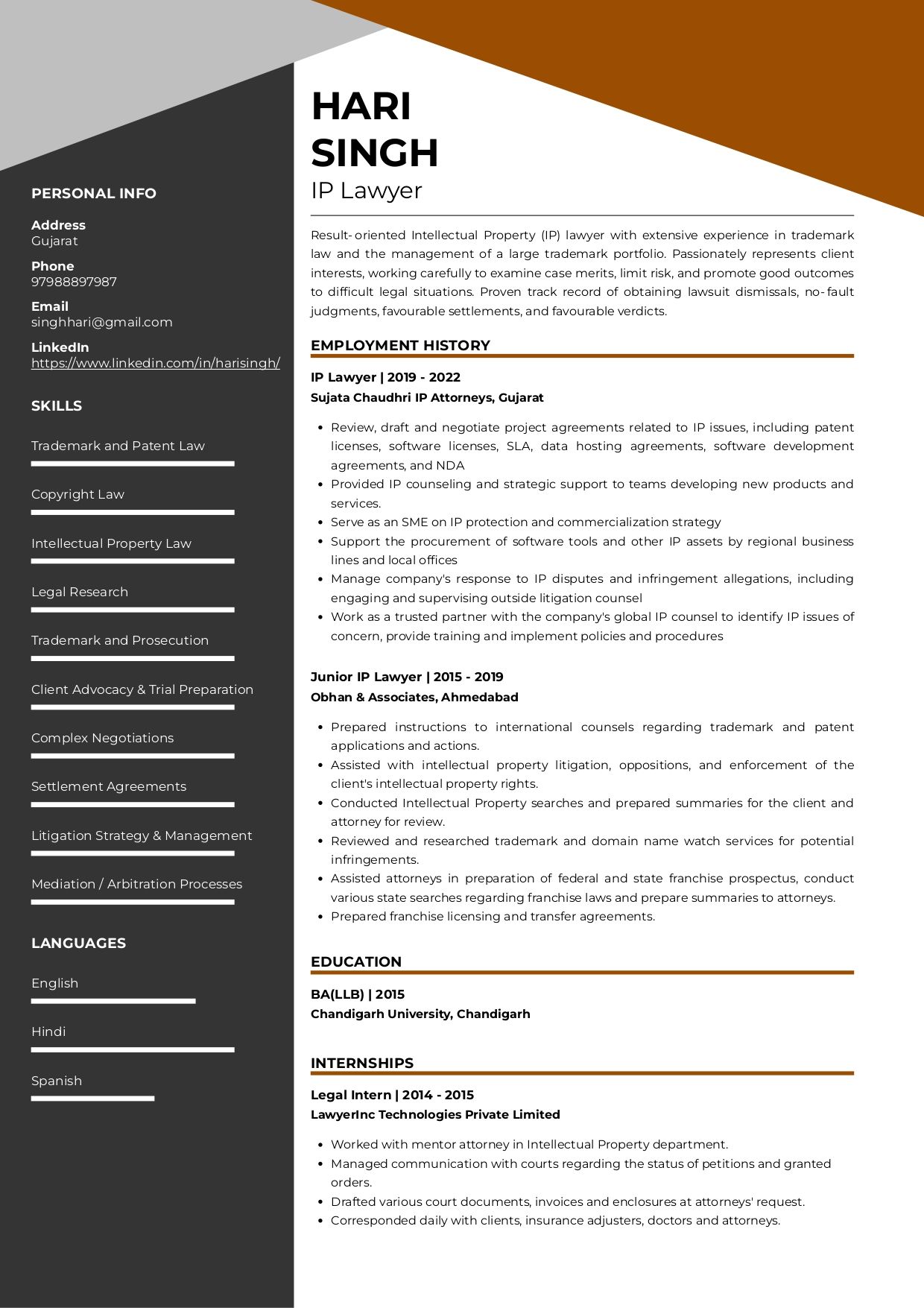 sample resume for lawyers in india