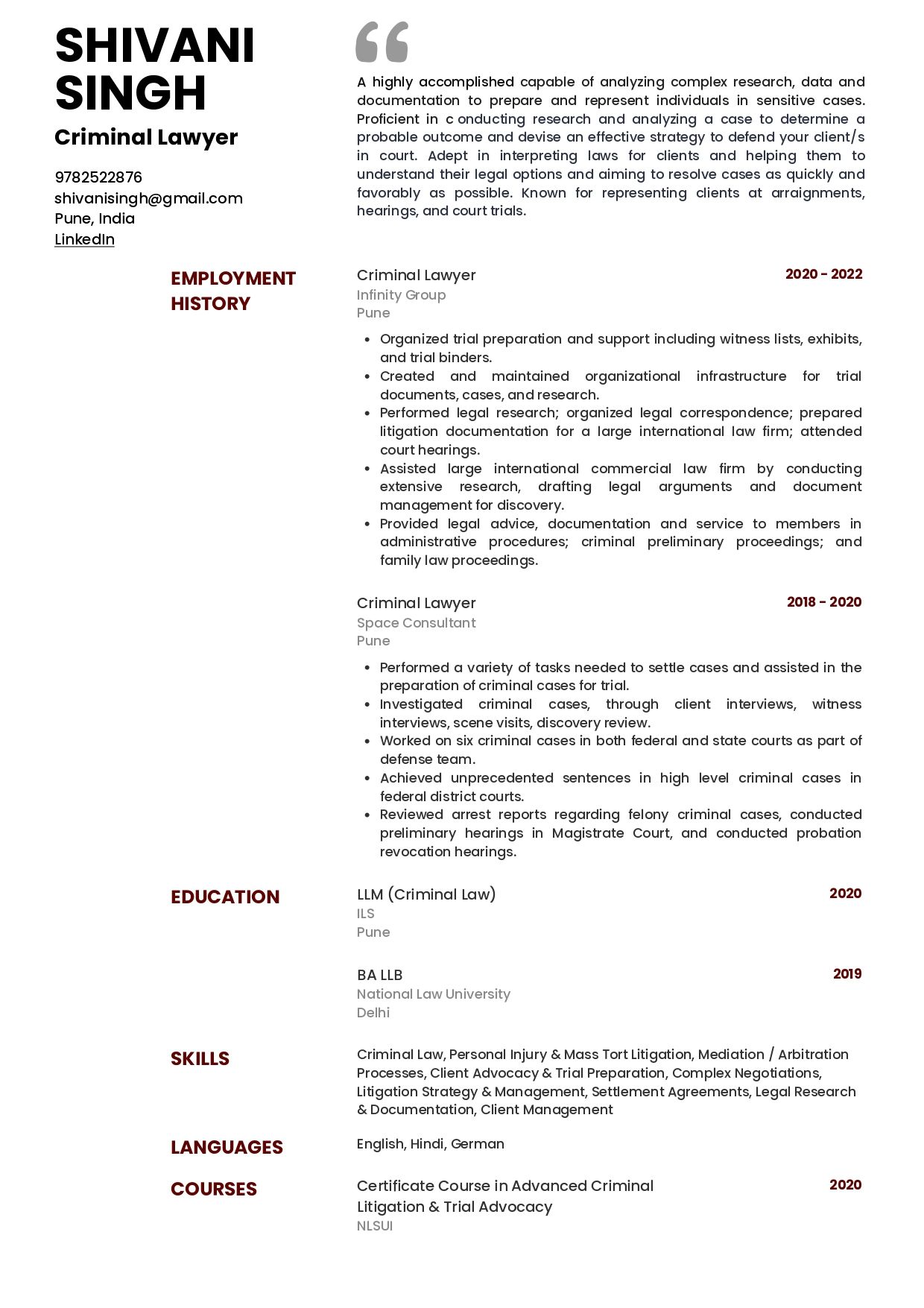 resume format for legal professionals