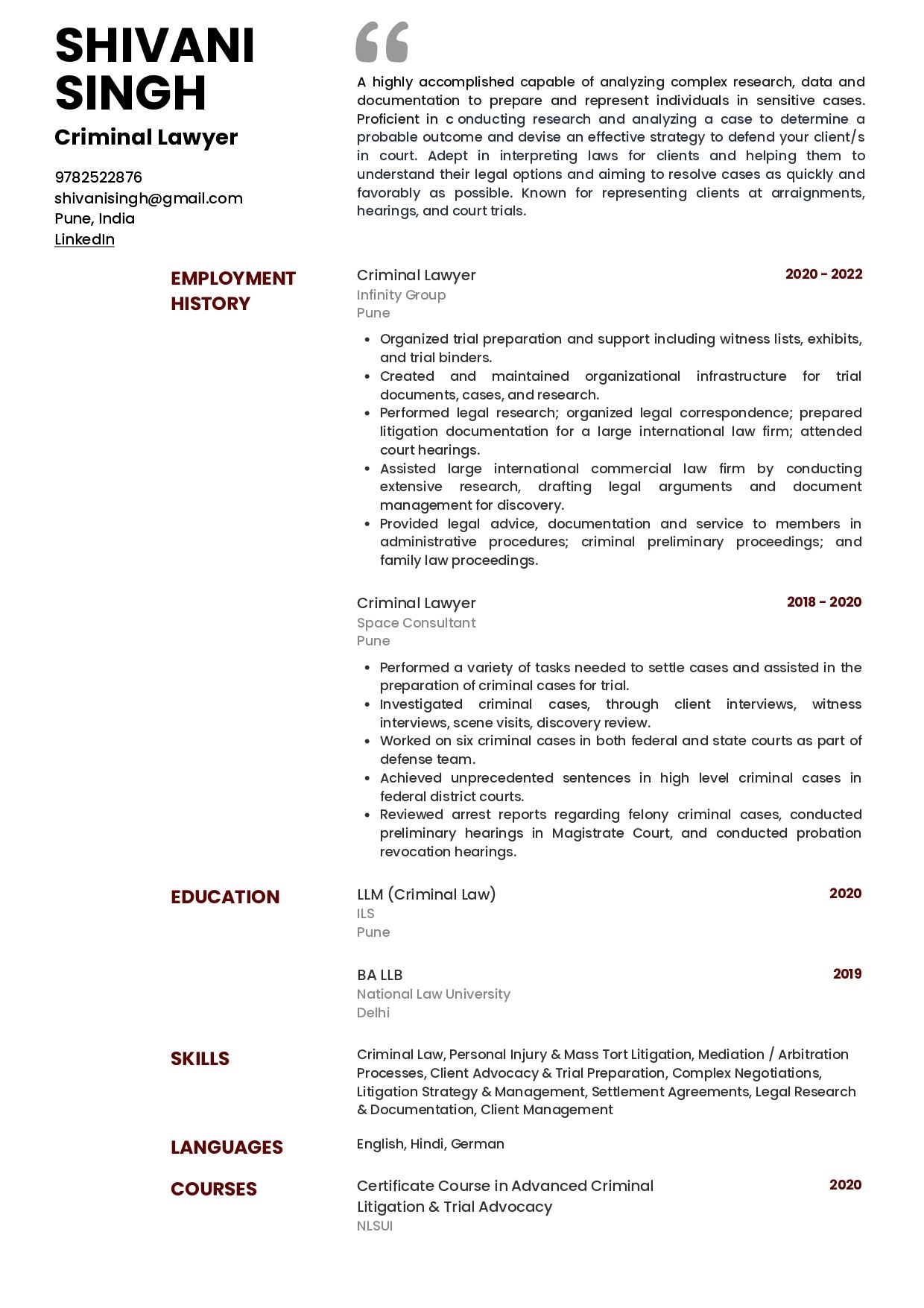 sample resume of lawyer