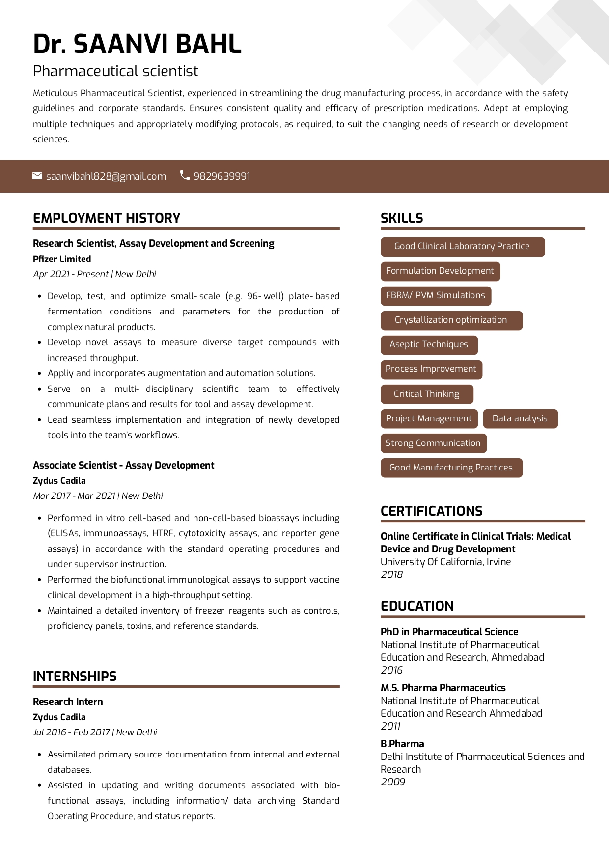 best resume format for pharmaceutical industry