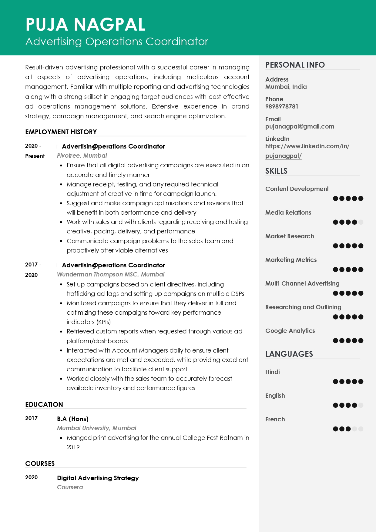 resume format for freshers arts and science students