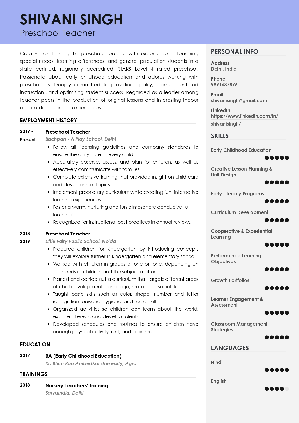 resume format for freshers arts and science students