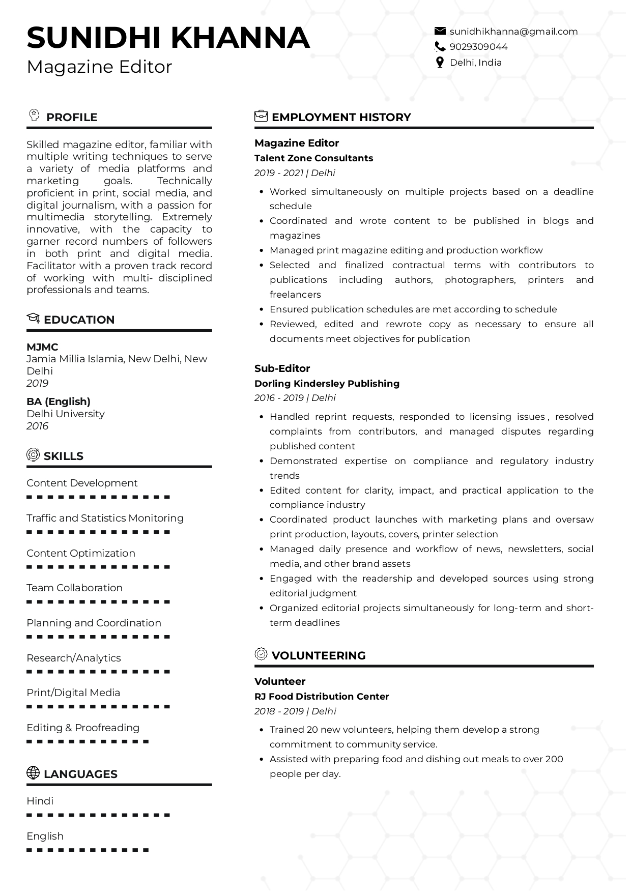 resume format for freshers arts and science students