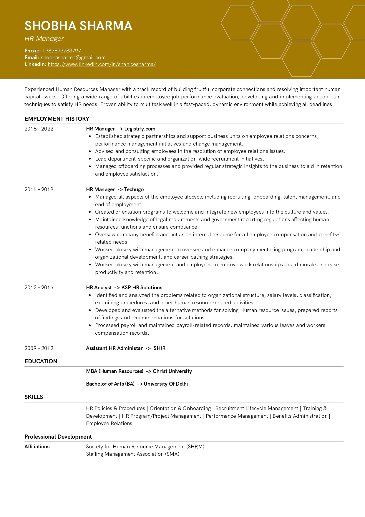 resume format for freshers arts and science students