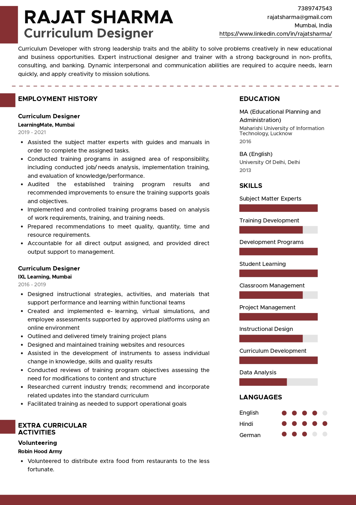 resume format for freshers arts and science students