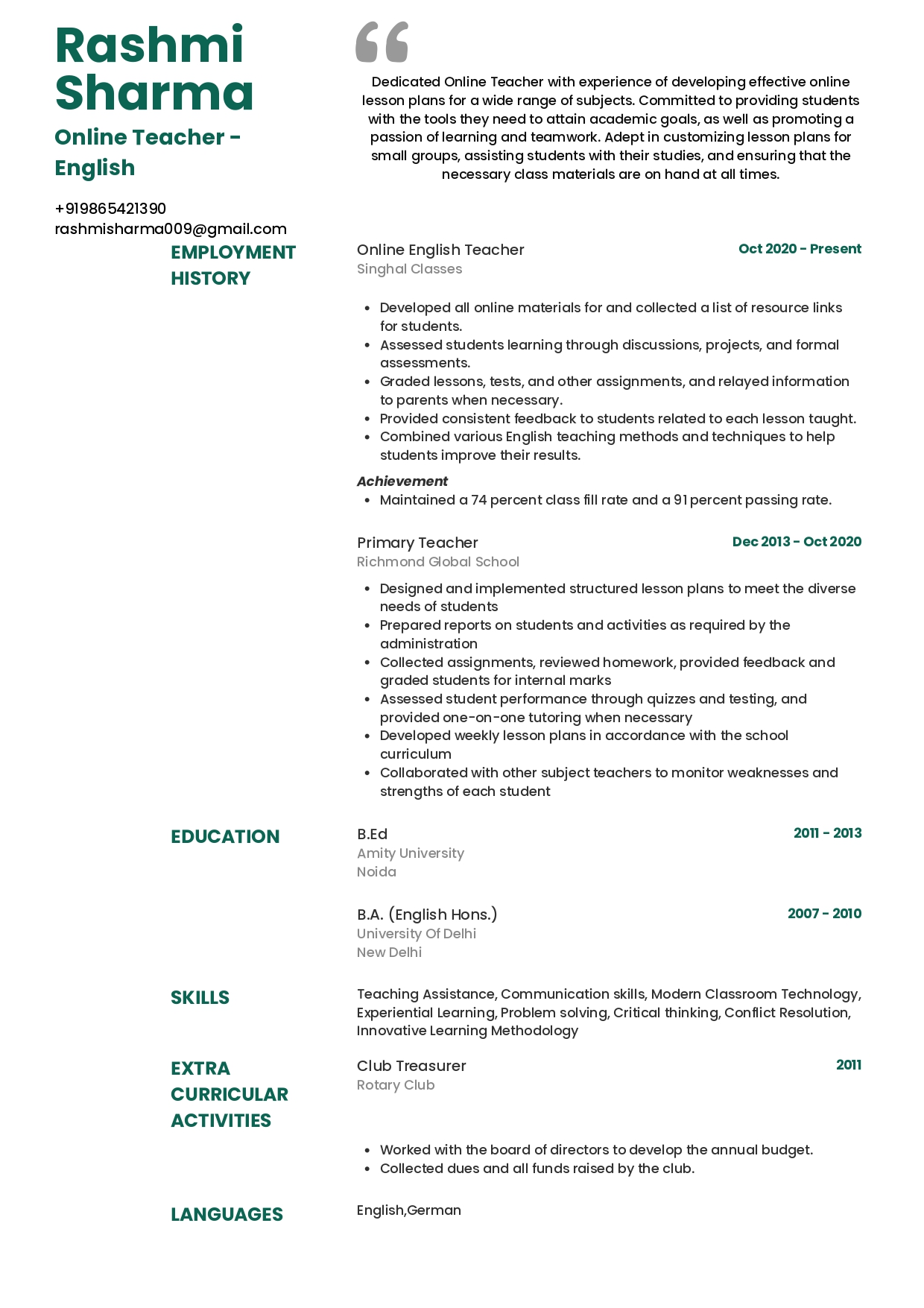 resume format for freshers arts and science students