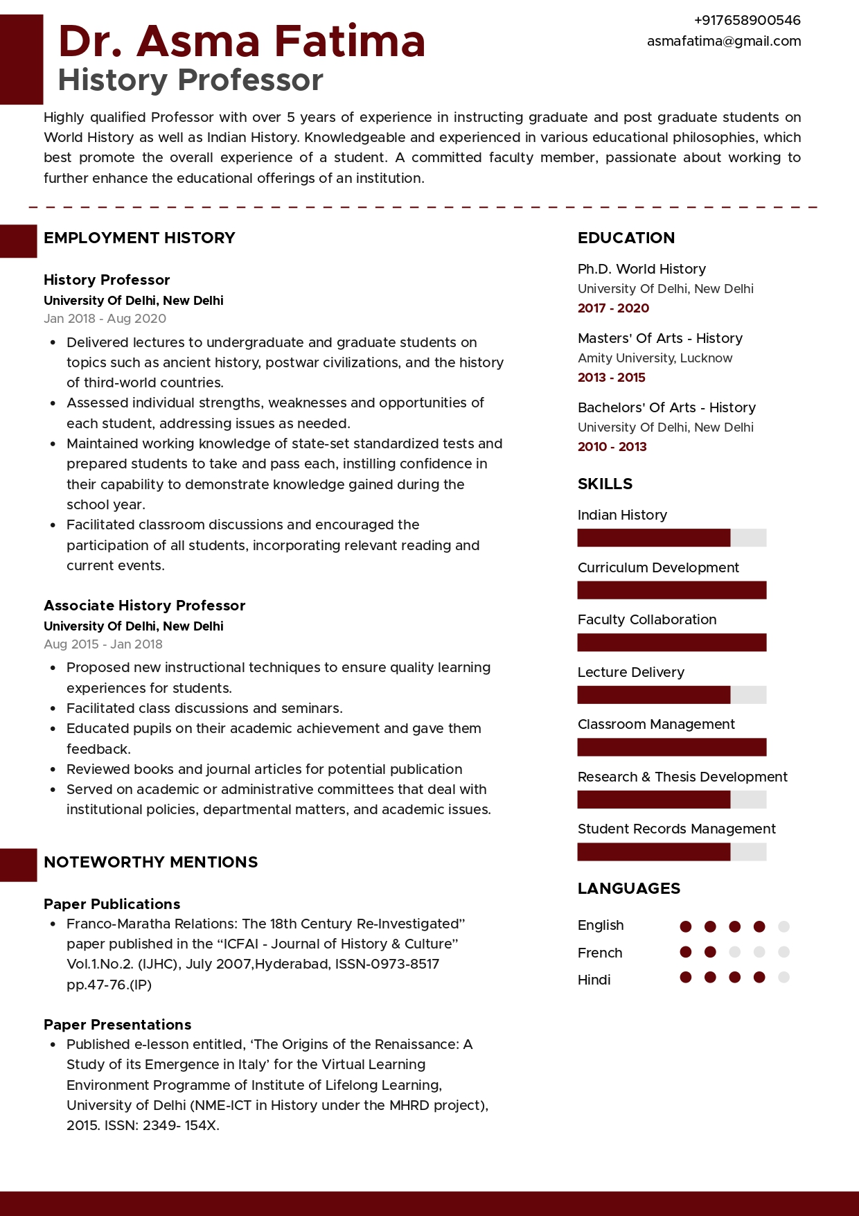 resume format for freshers arts and science students