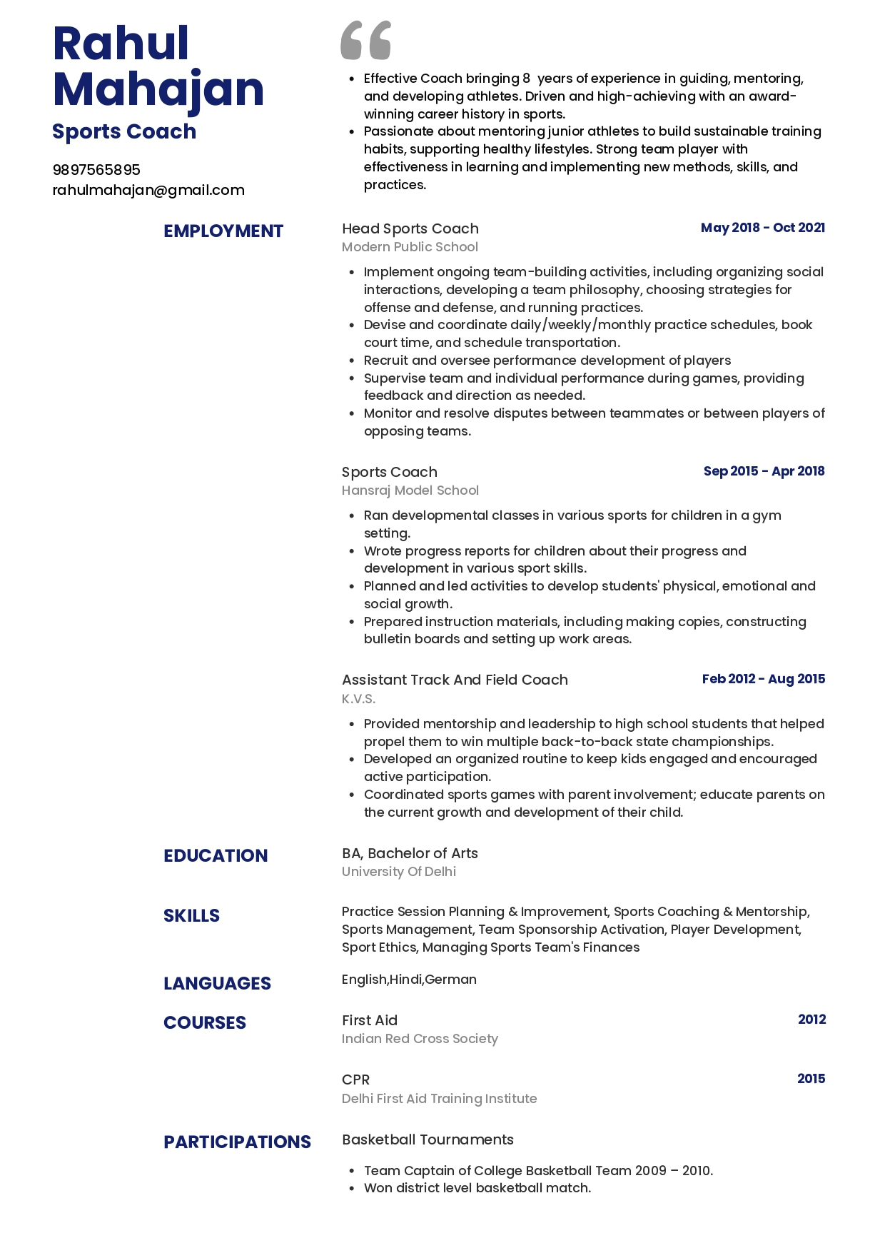 resume format for freshers arts and science students