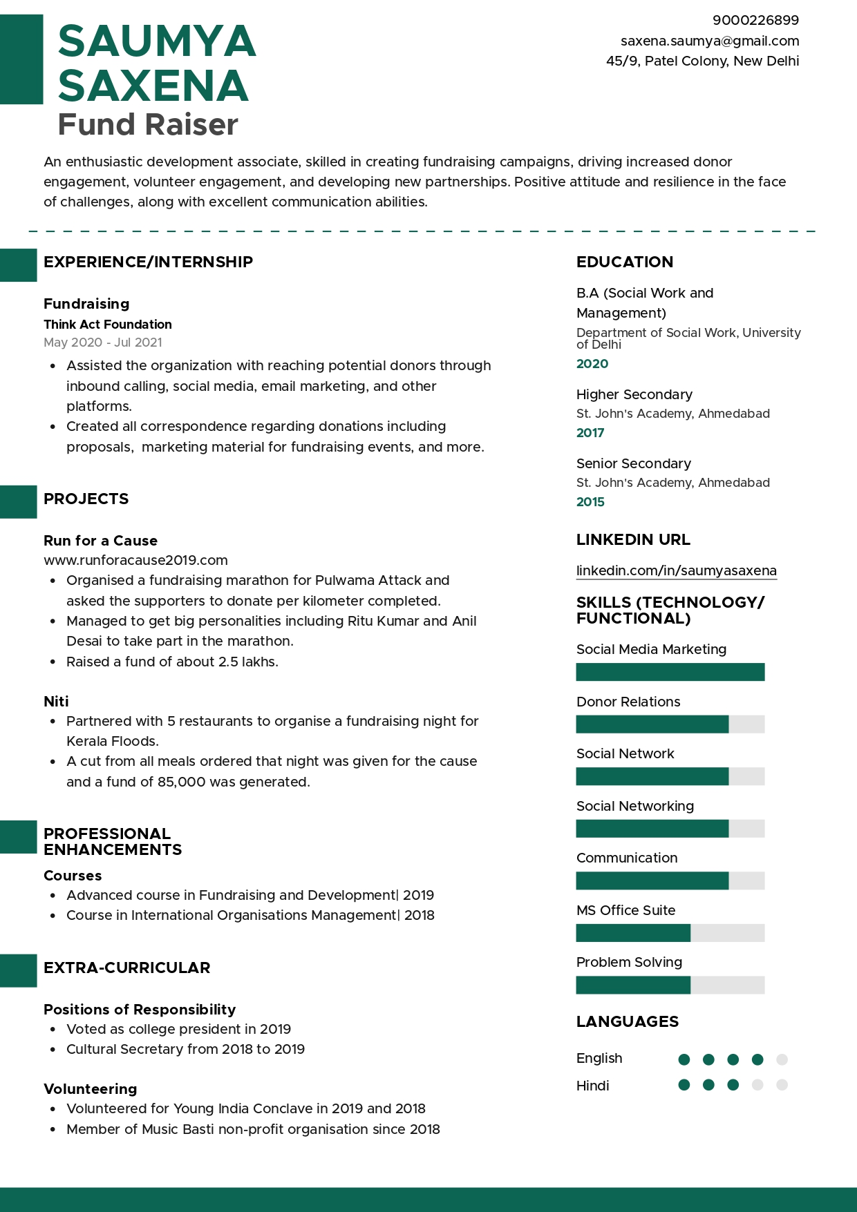 resume format for freshers arts and science students