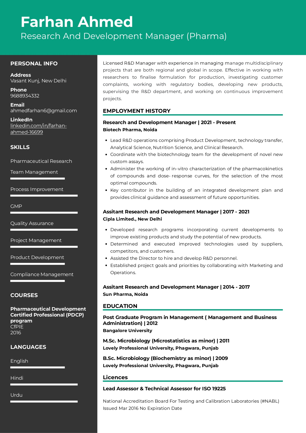 resume format for freshers pharma job