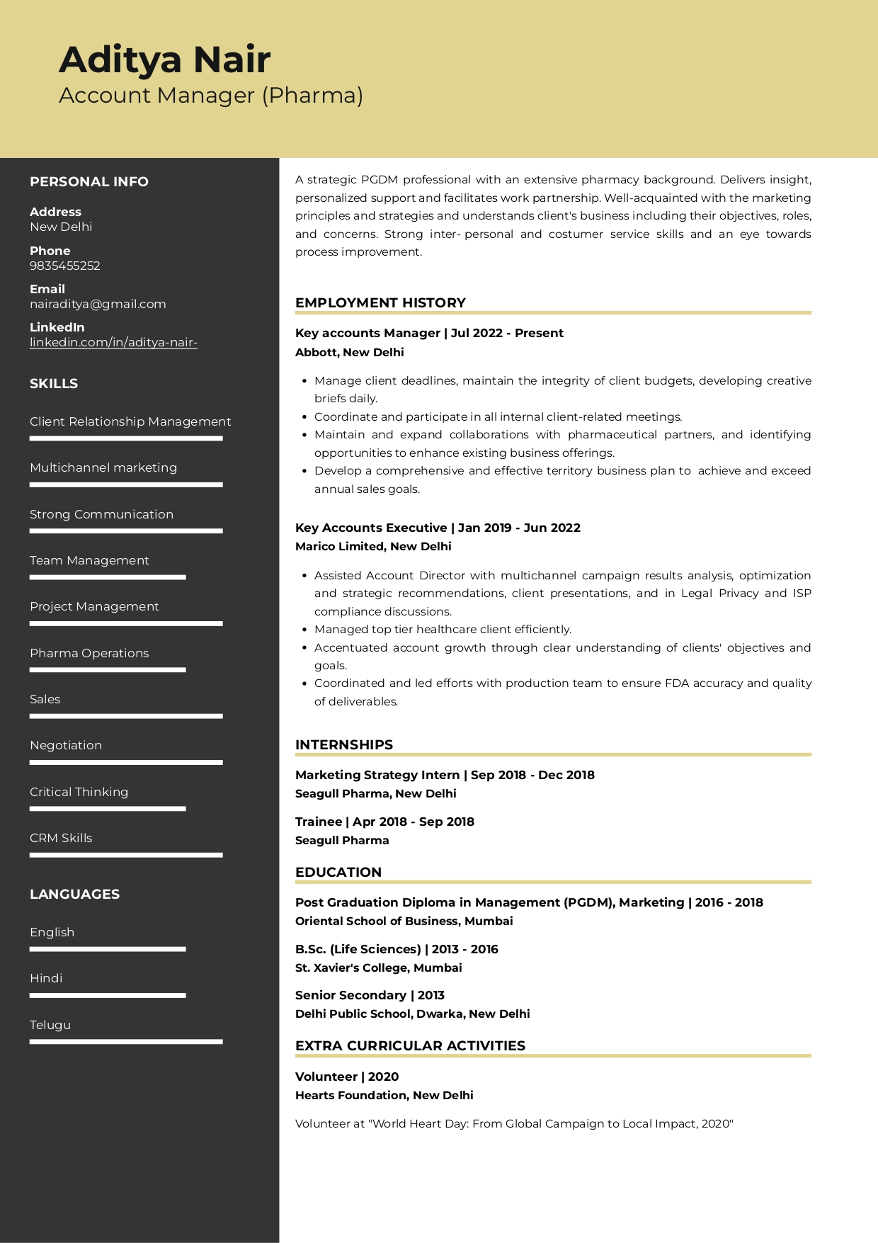 resume format for freshers pharma job