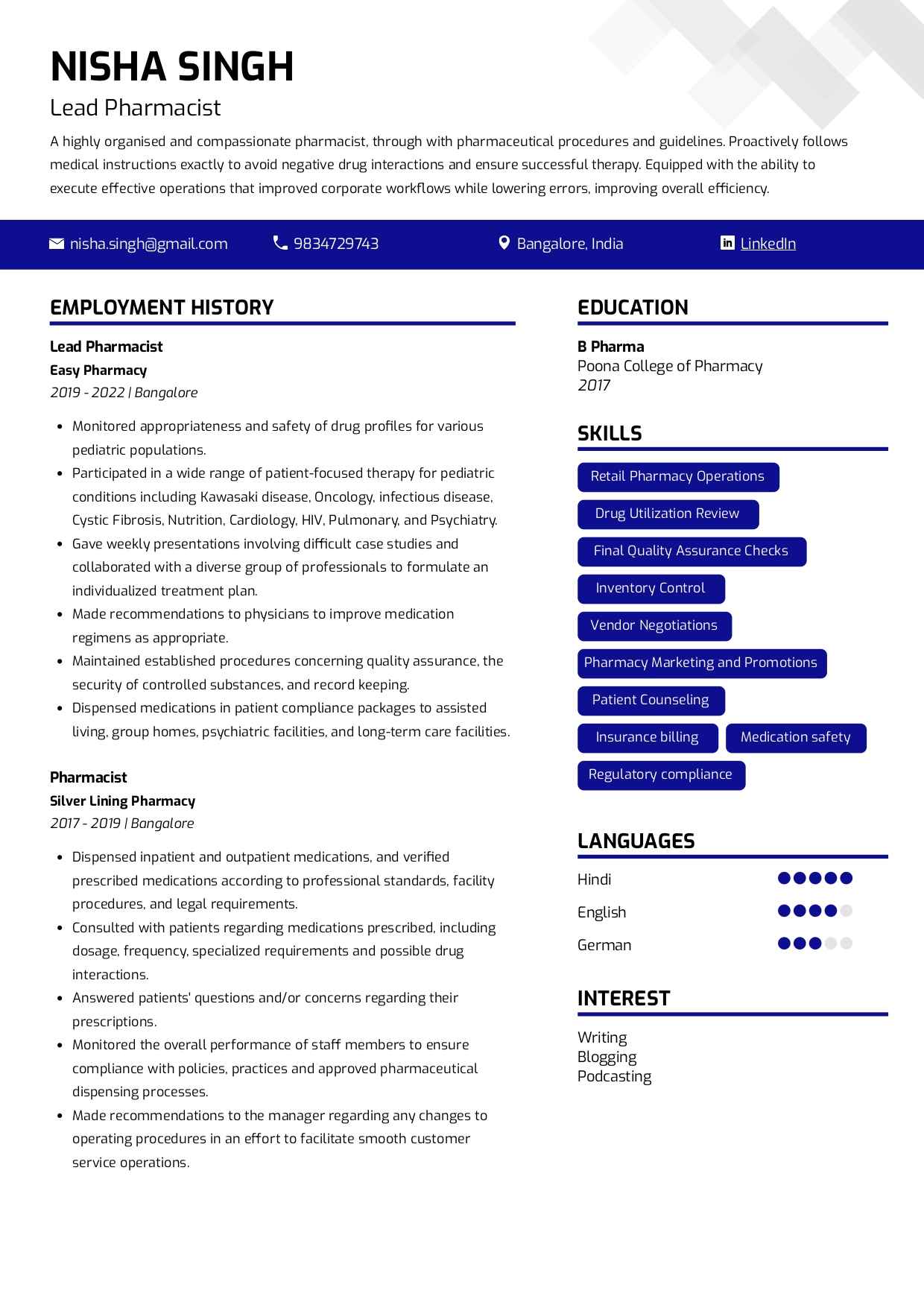 best resume format for pharmaceutical industry