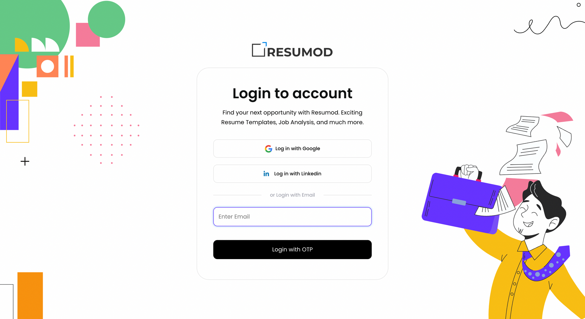 Our new hep, colourful Login screen on Resumod.co