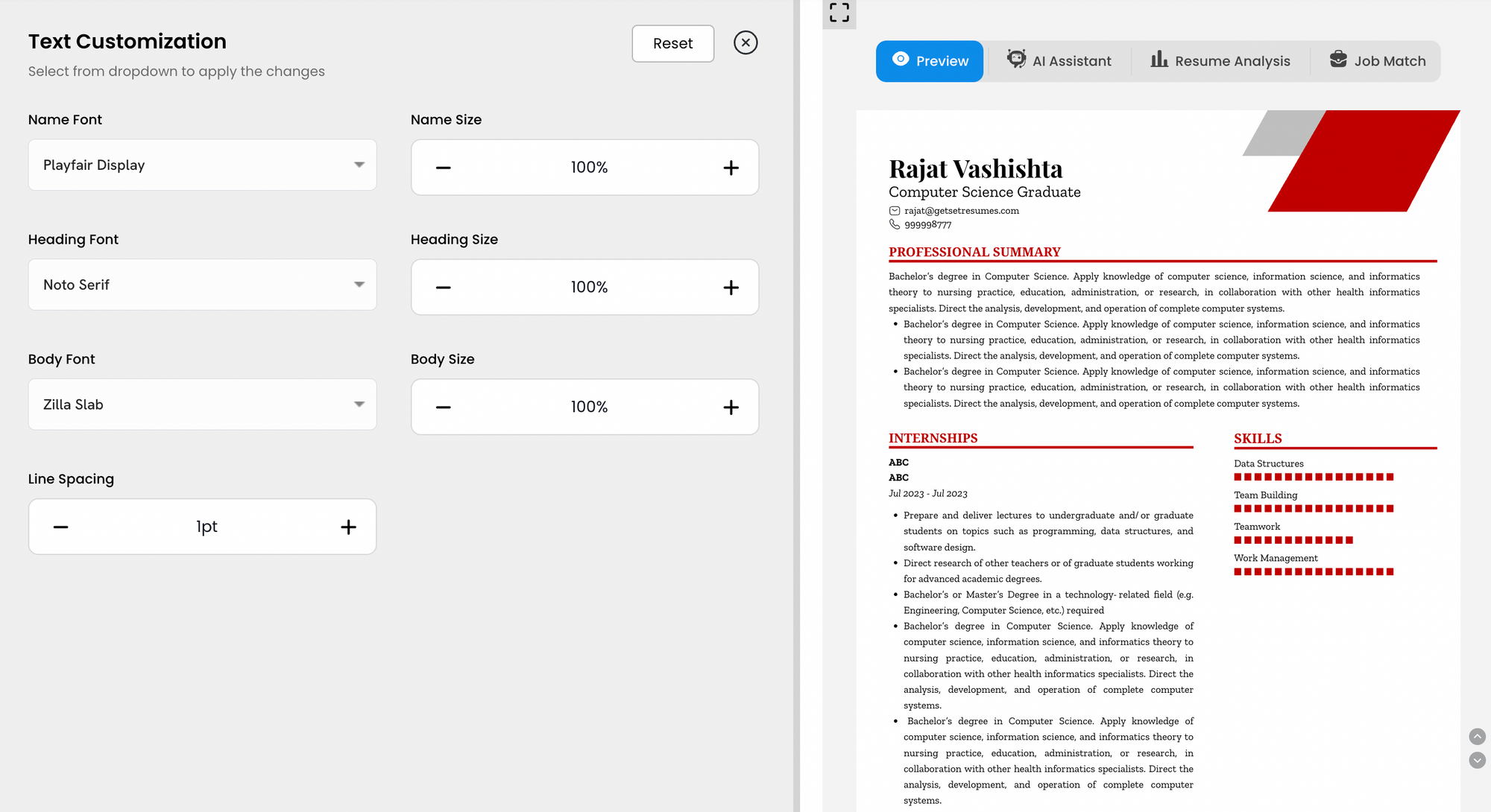 Text & Font Customisation Options on Resumod's Free AI Resume Builder