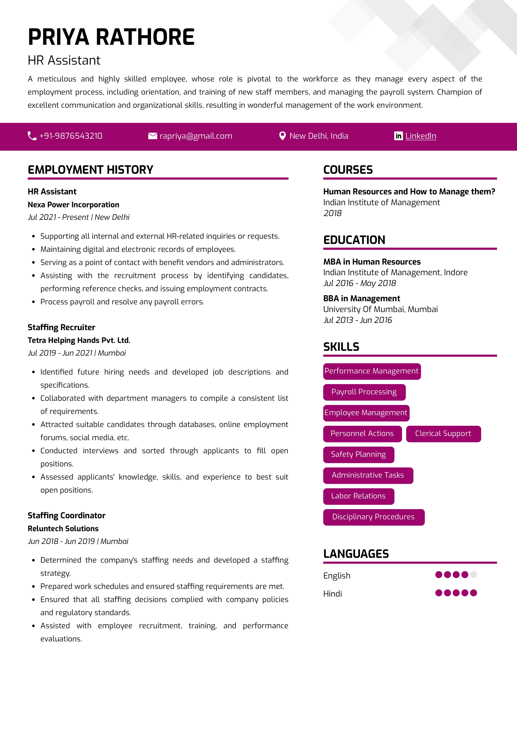 Resume of HR Assistant Built on Resumod