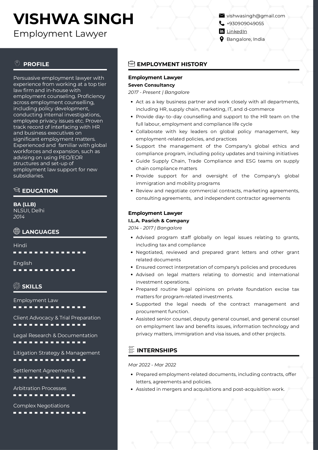 Resume of Employment Lawyer built on Resumod