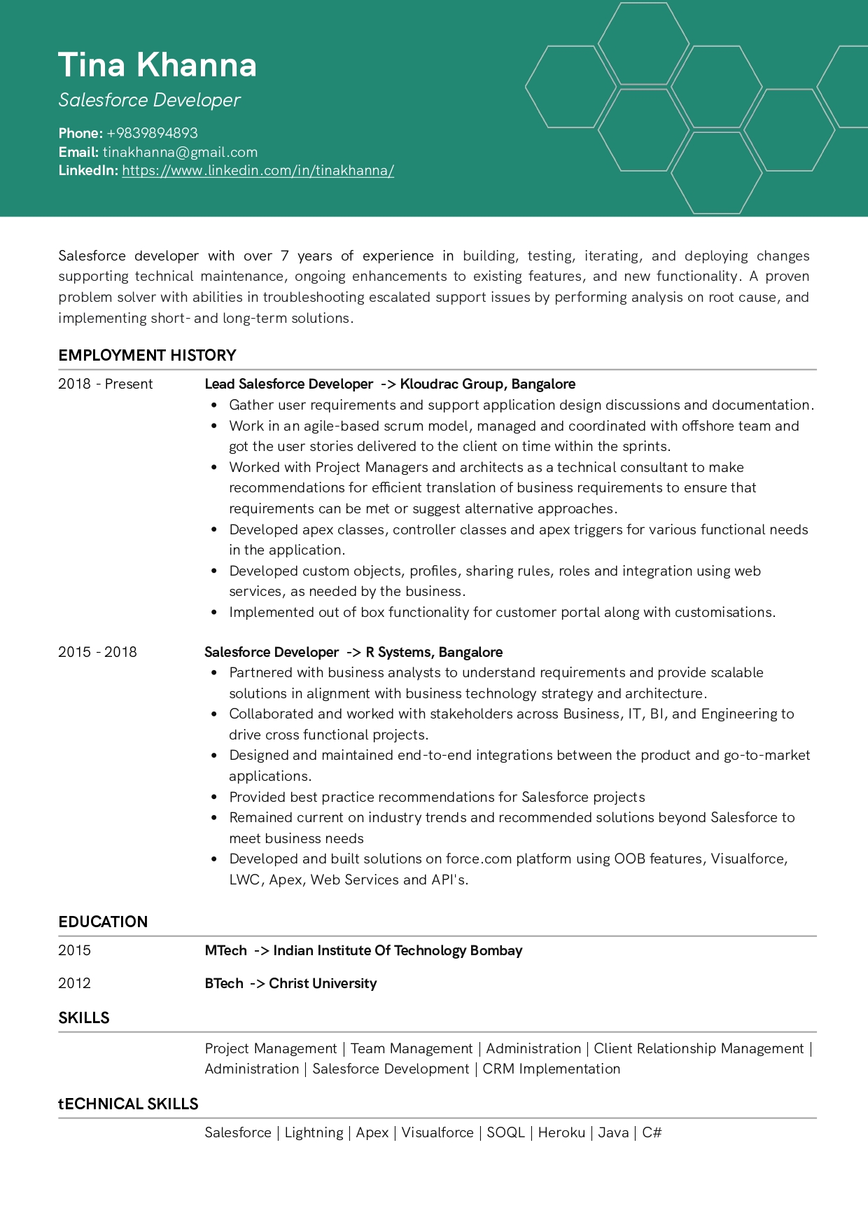 Resume of Salesforce Developer built on Resumod