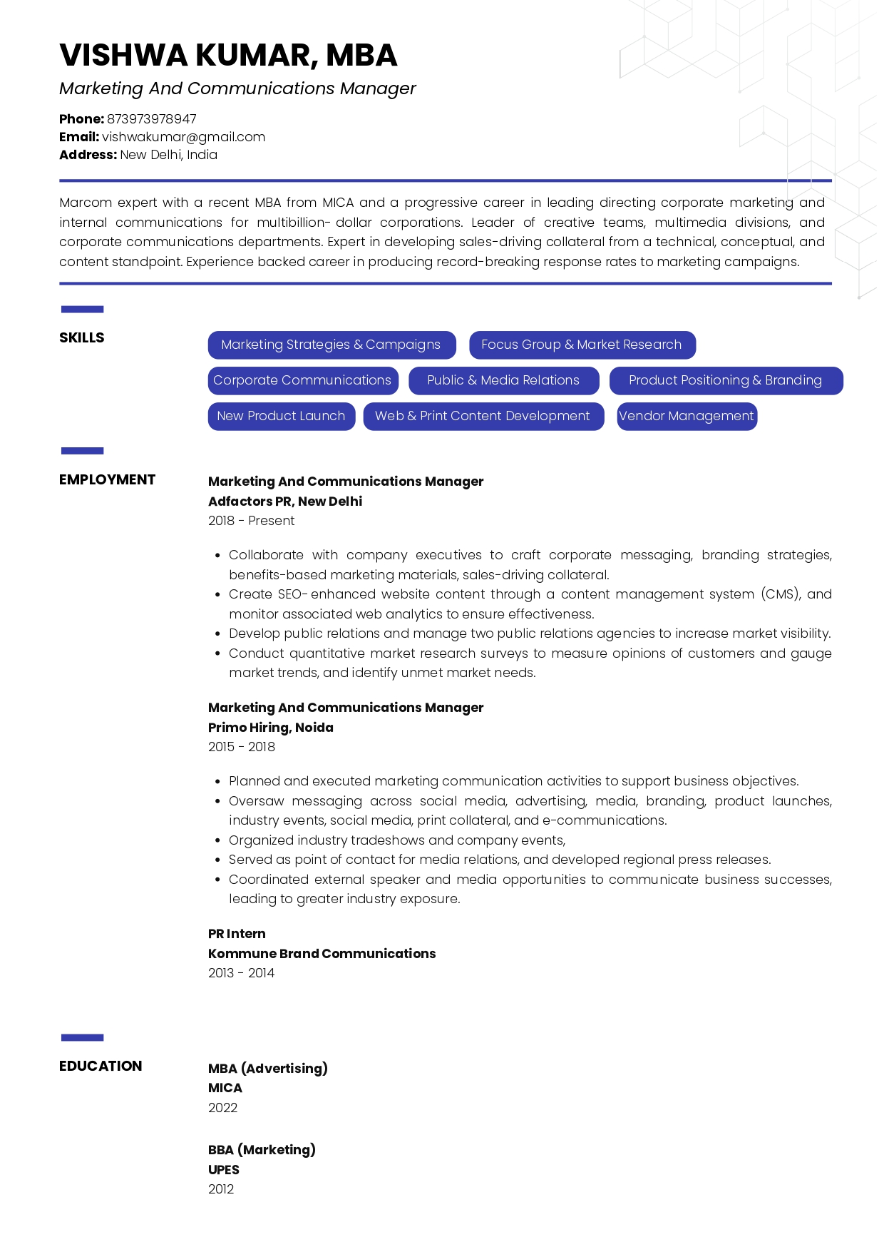 Resume of Marketing aand Communications Manager built on Resumod