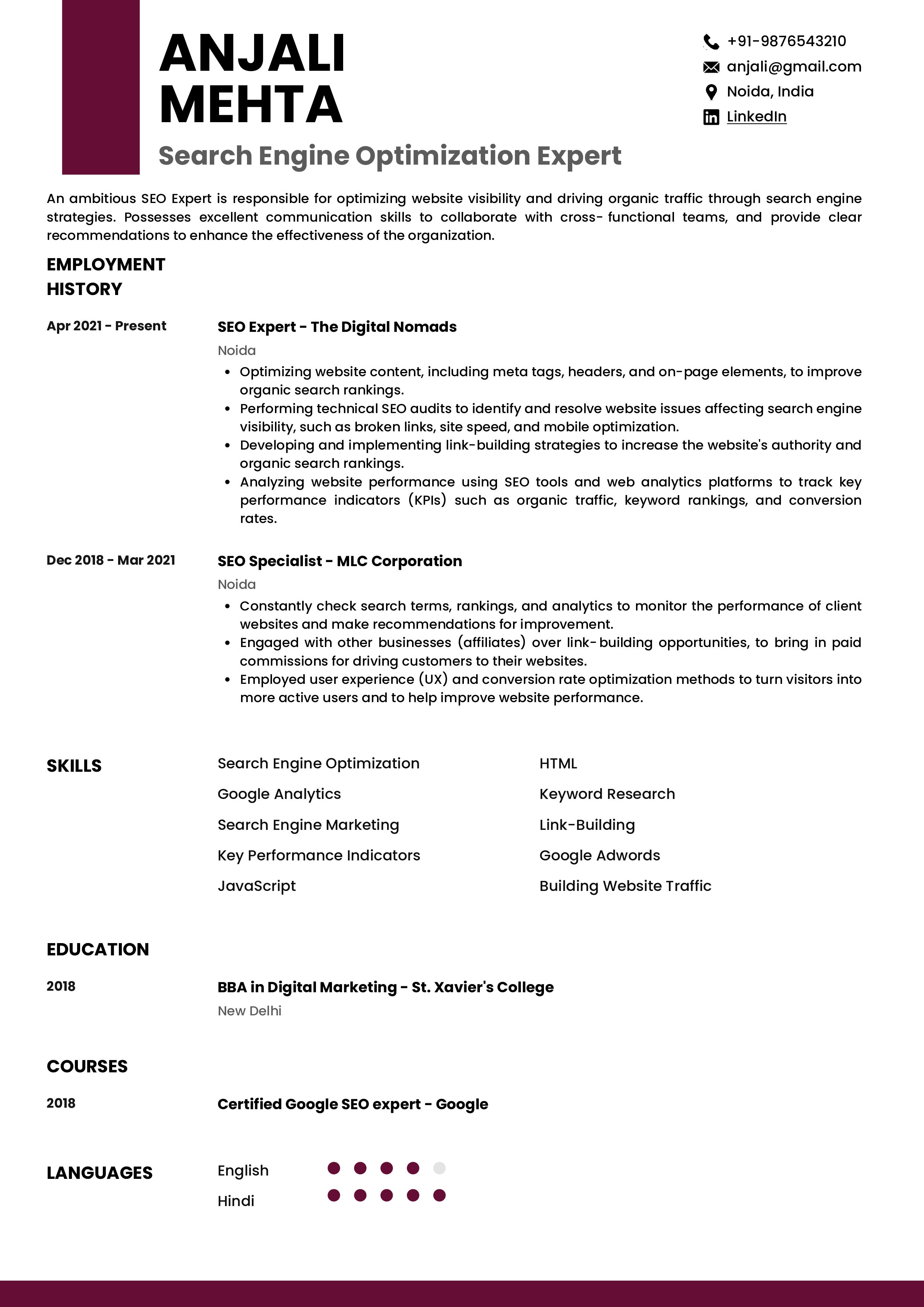Resume of SEO Expert built on Resumod