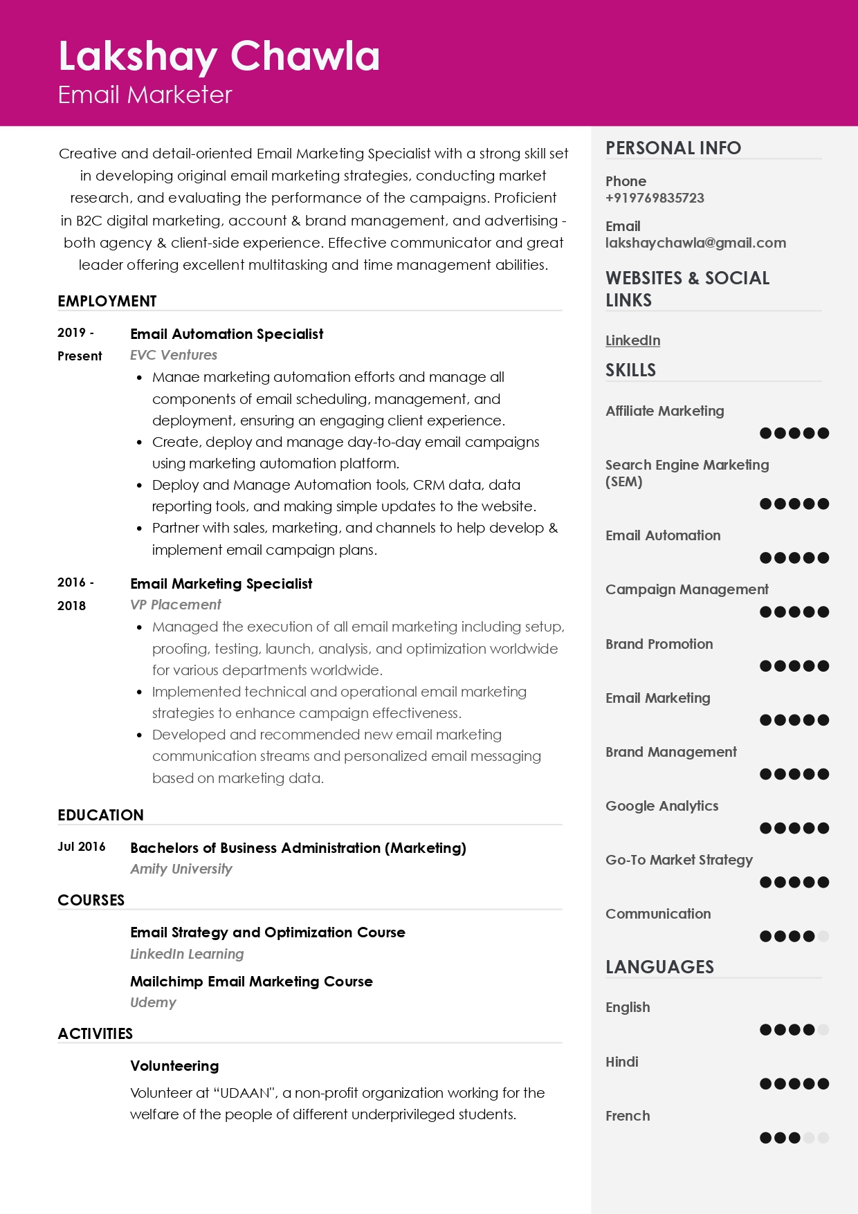 Resume of Email Marketer built on Resumod