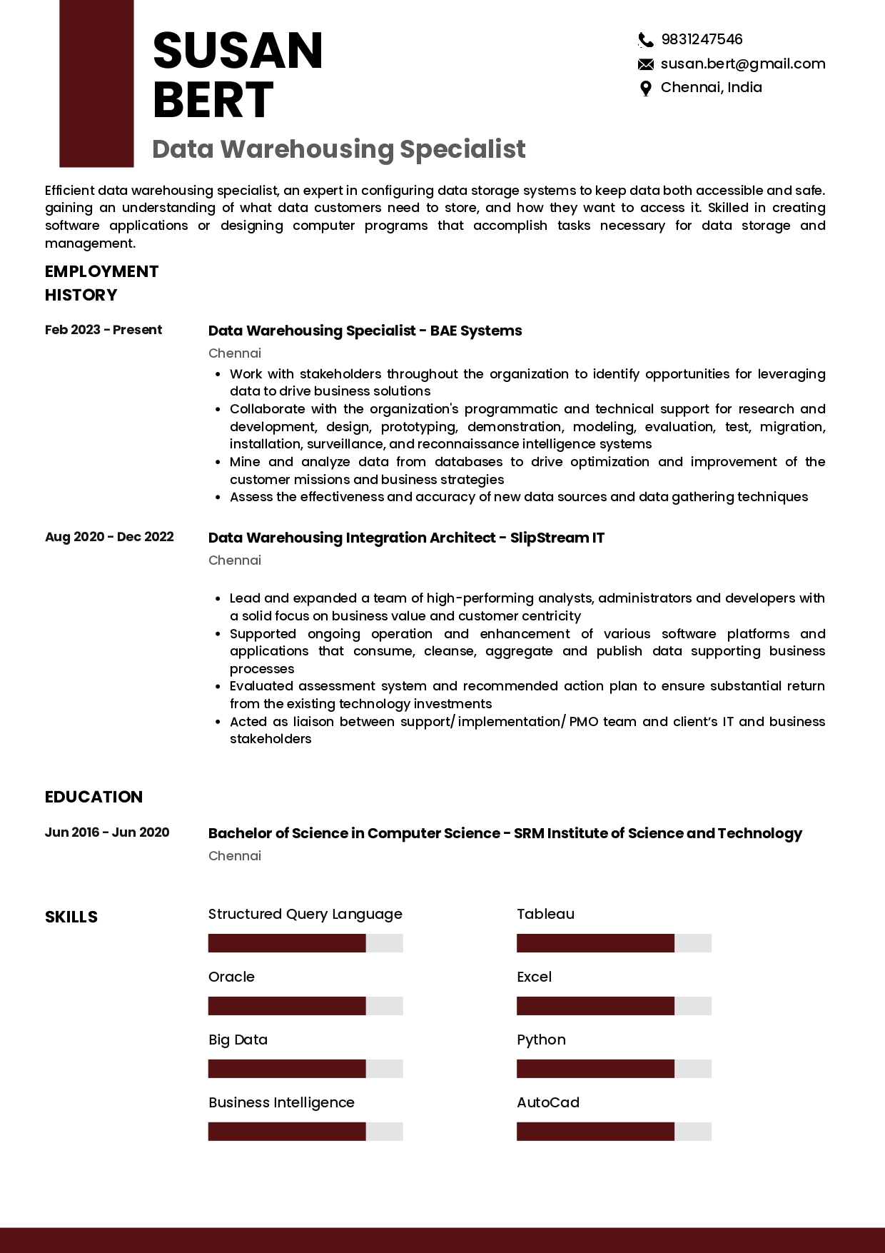 Resume of Data Warehousing Specialist built on Resumod