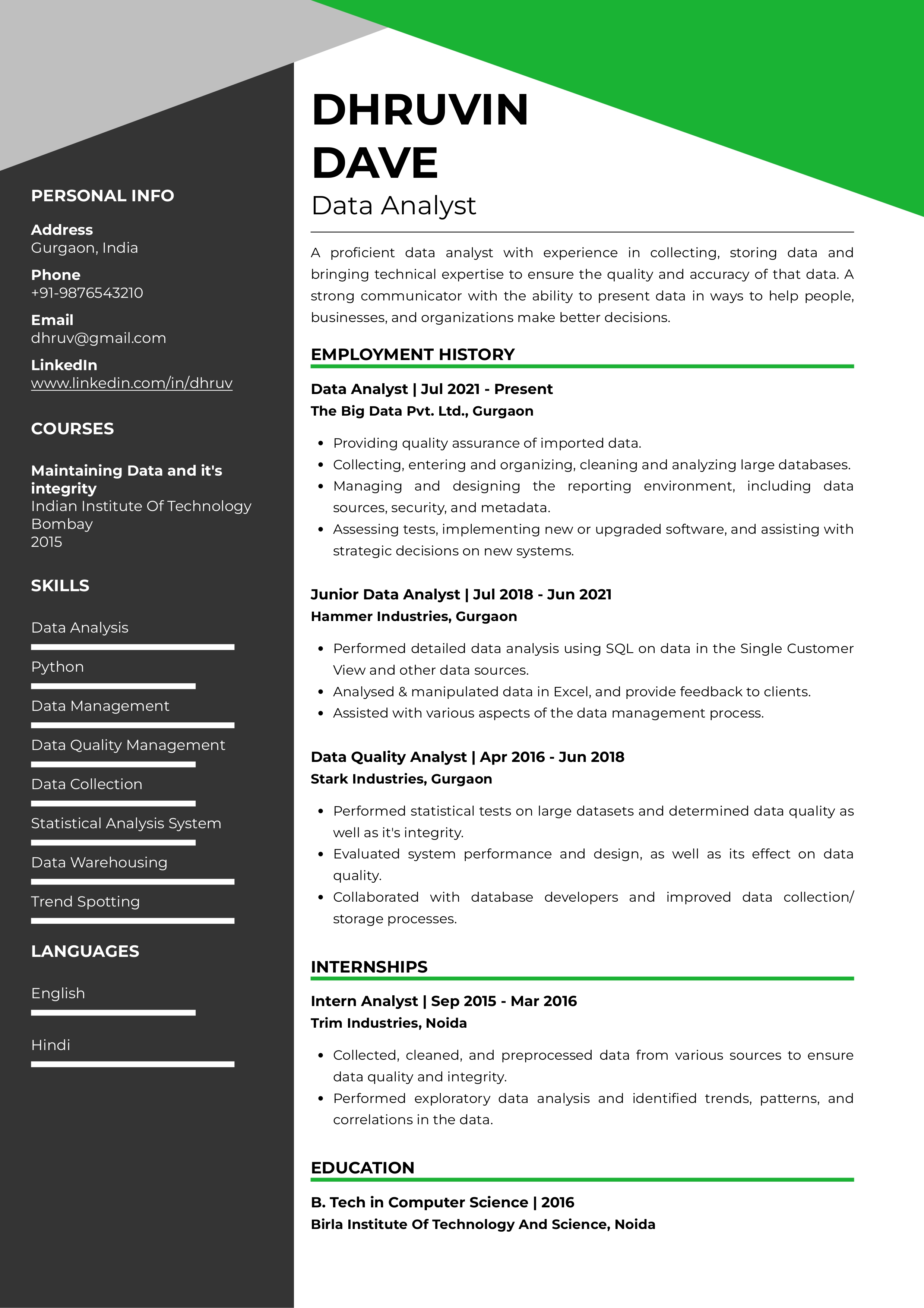 Resume of Data Analyst built on Resumod