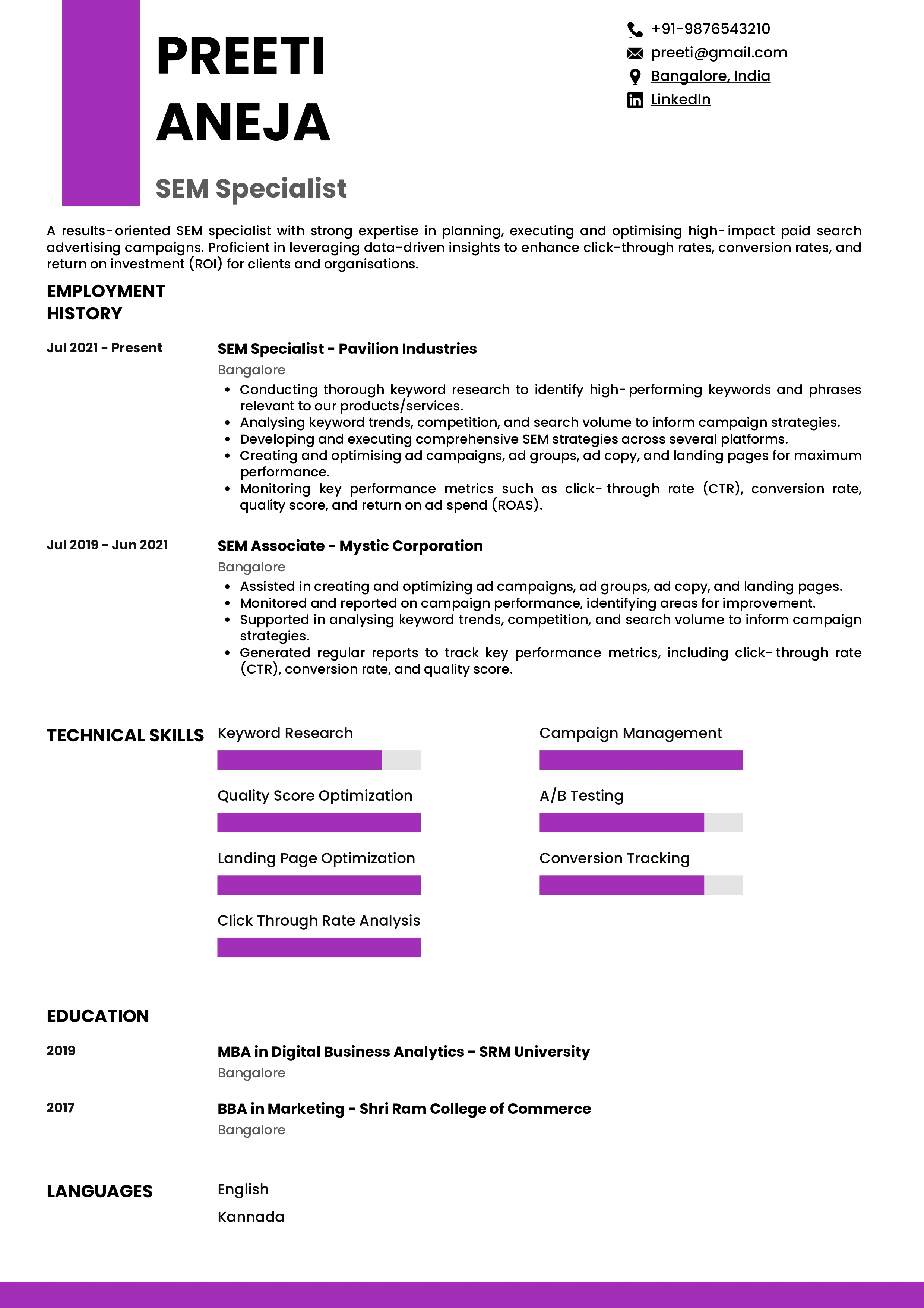 Resume of SEM Specialist built on Resumod