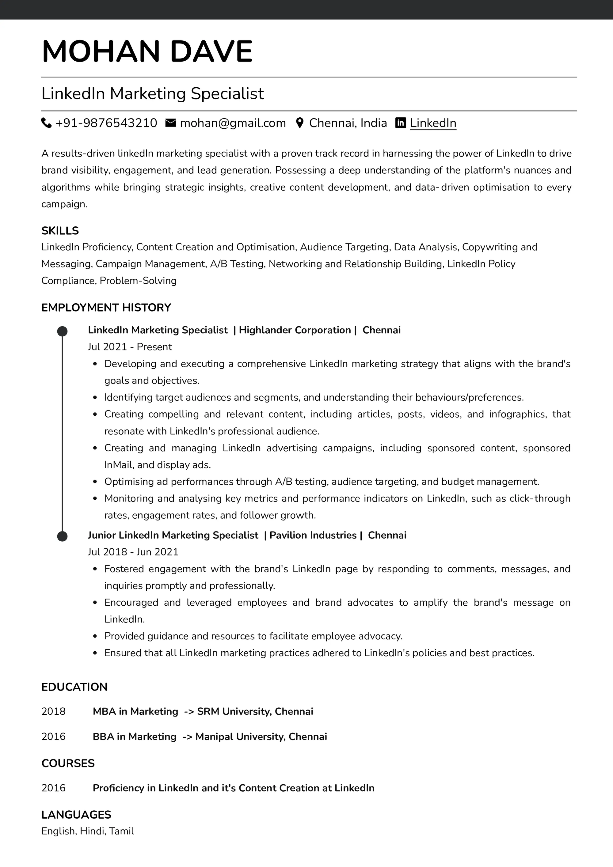 Resume of LinkedIn Marketing Specialist built on Resumod