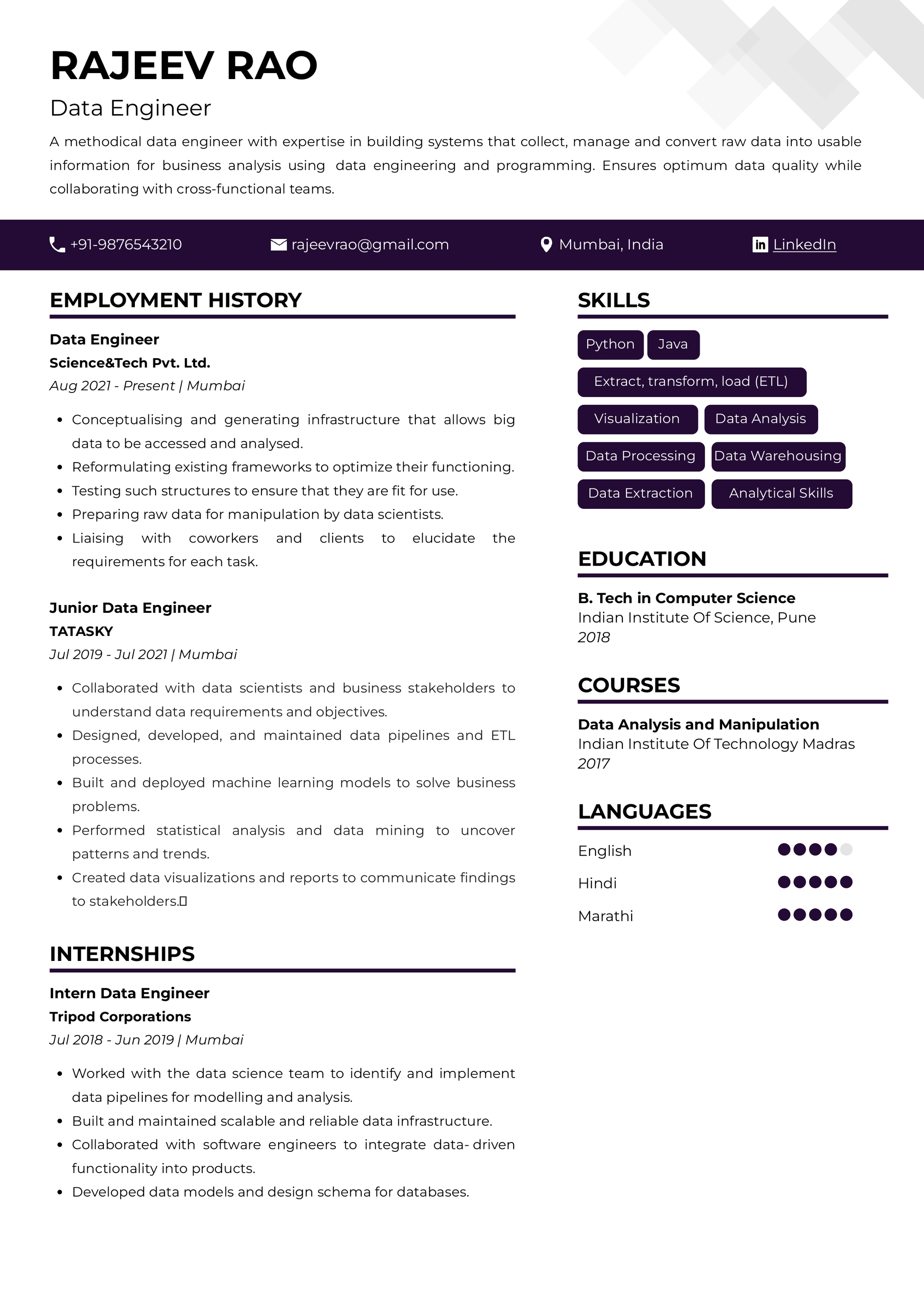 Resume of Data Engineer built on Resumod