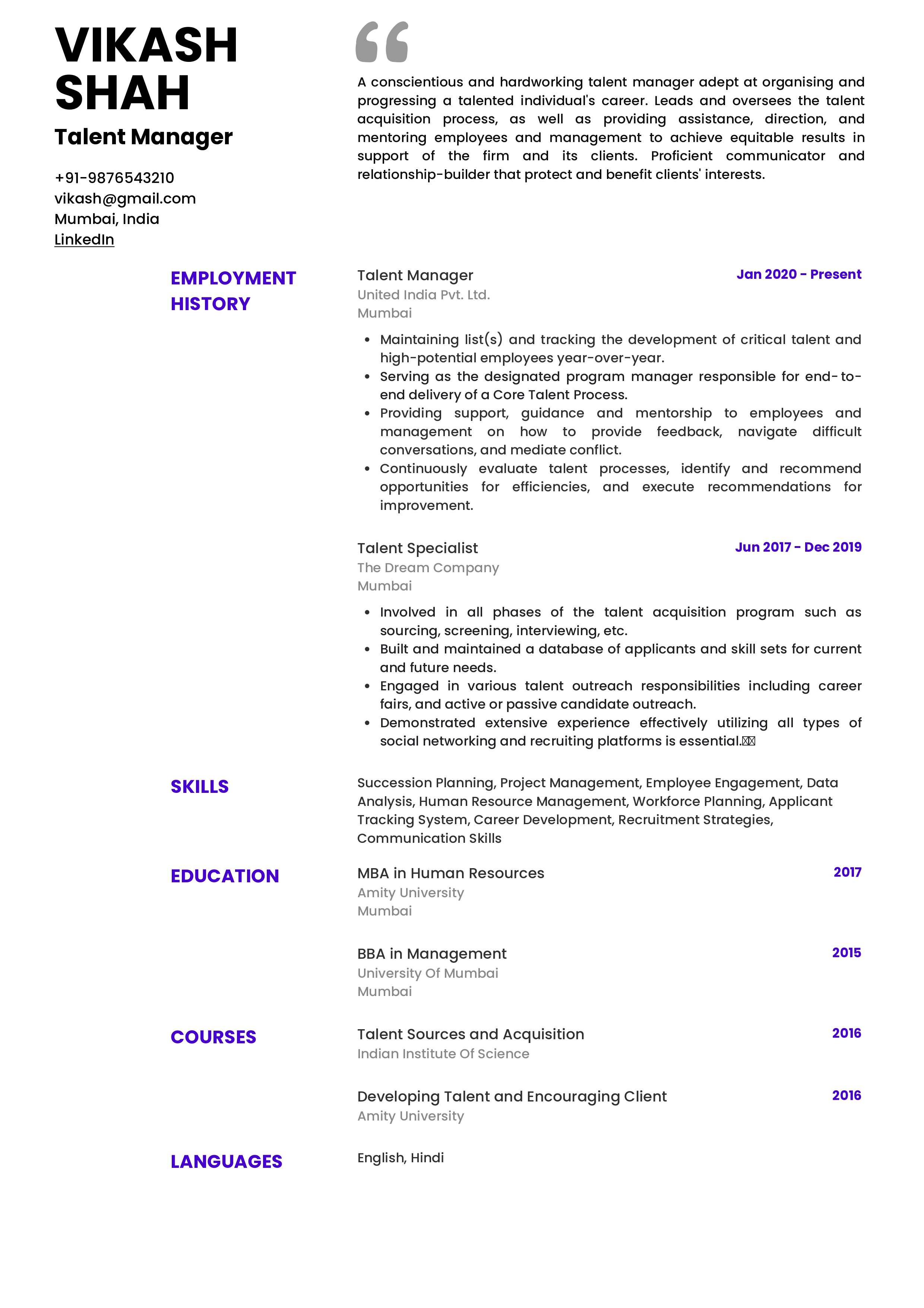 Resume of Talent Manager 