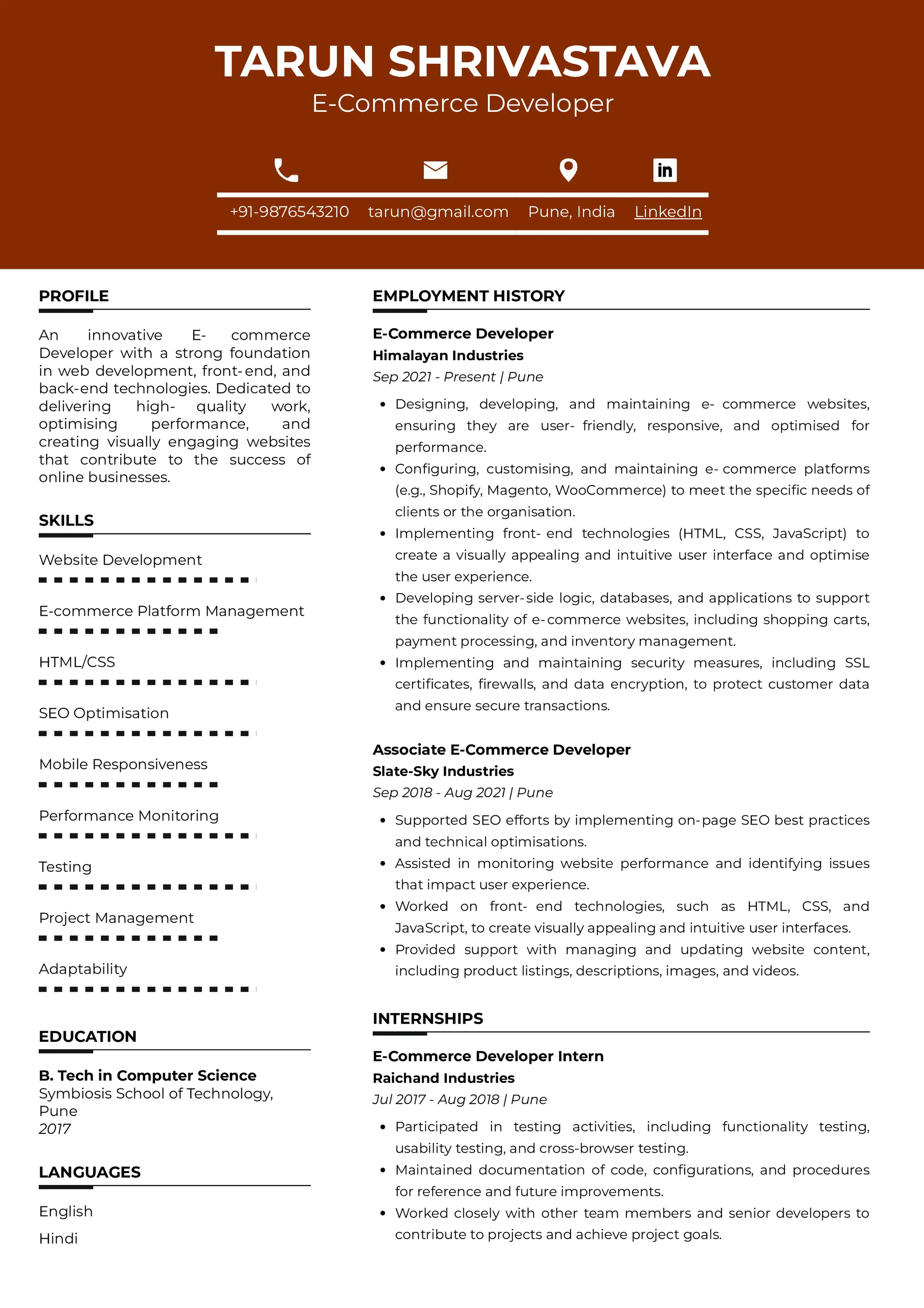 Resume of E-Commerce Developer 