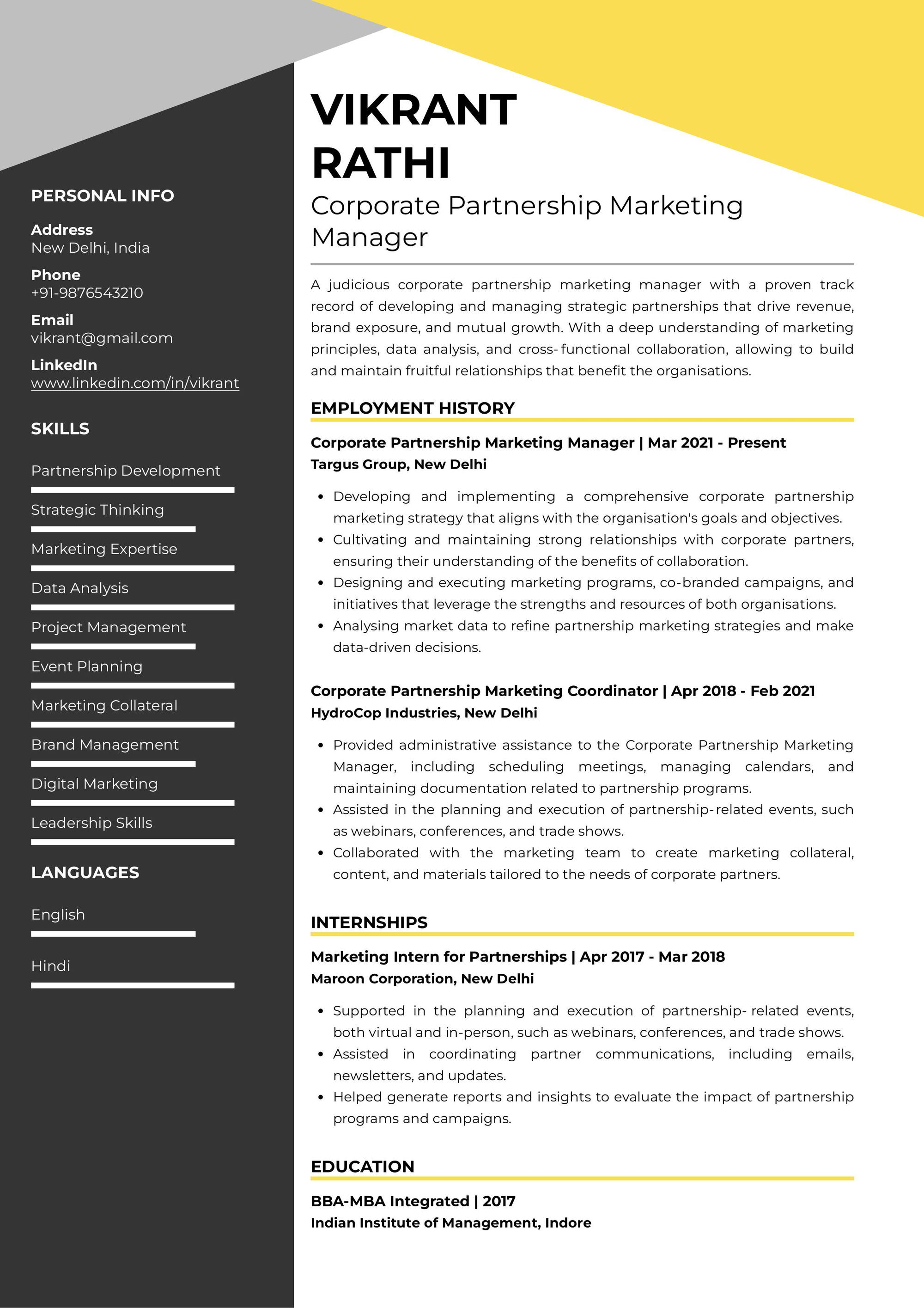 Resume of Corporate Partnership Marketing Manager 