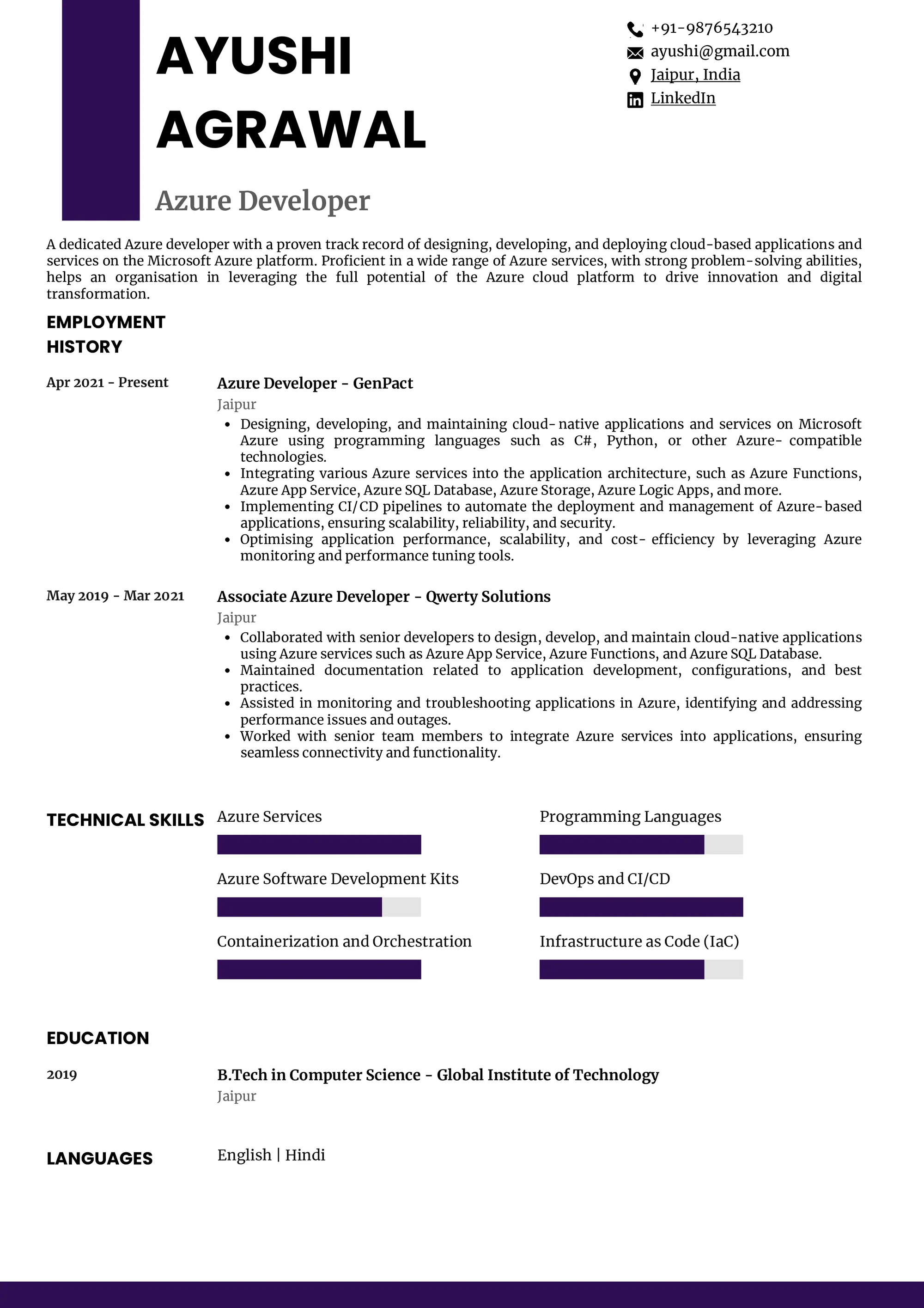 Resume of Azure Developer 