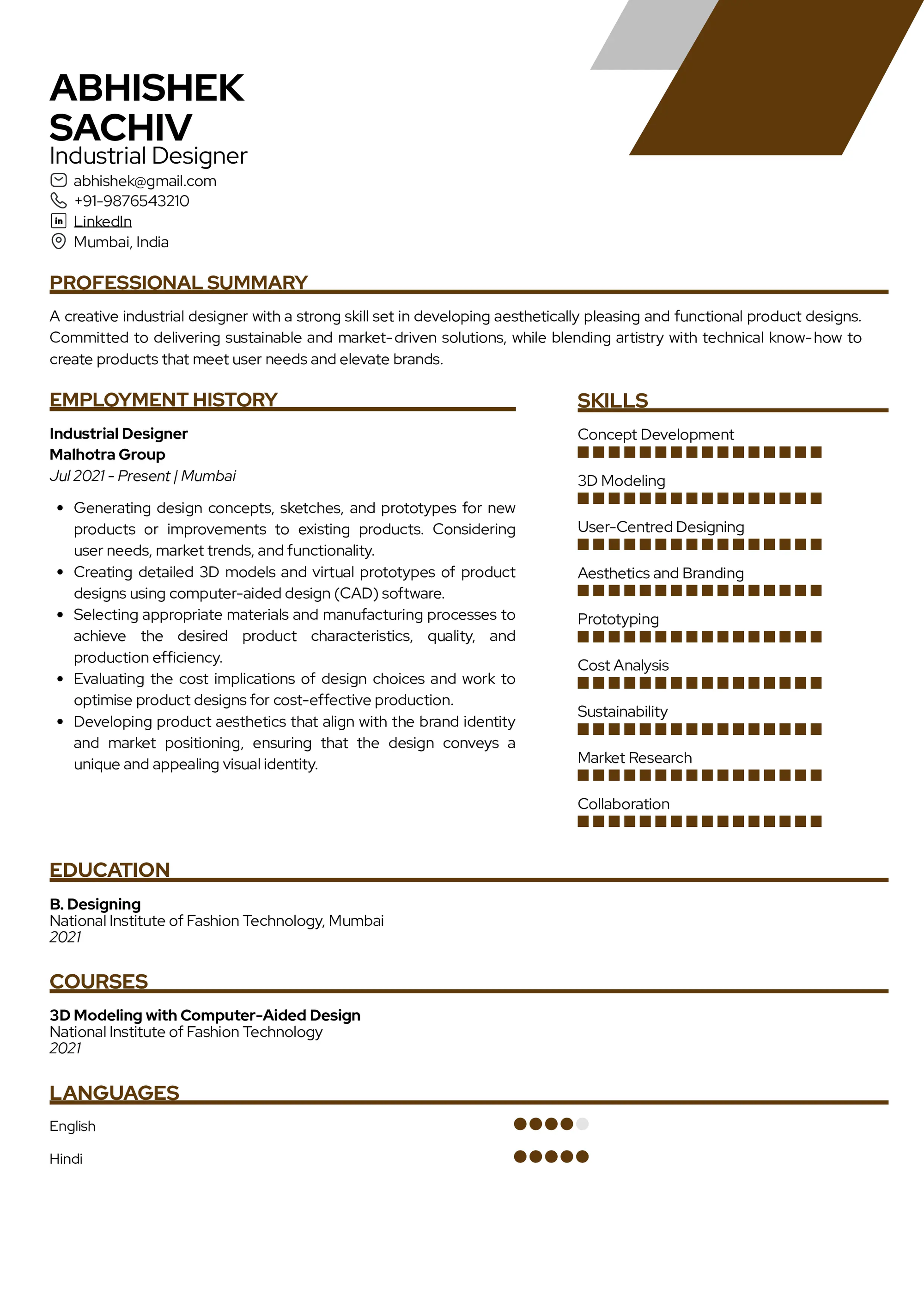 Resume of Industrial Designer 