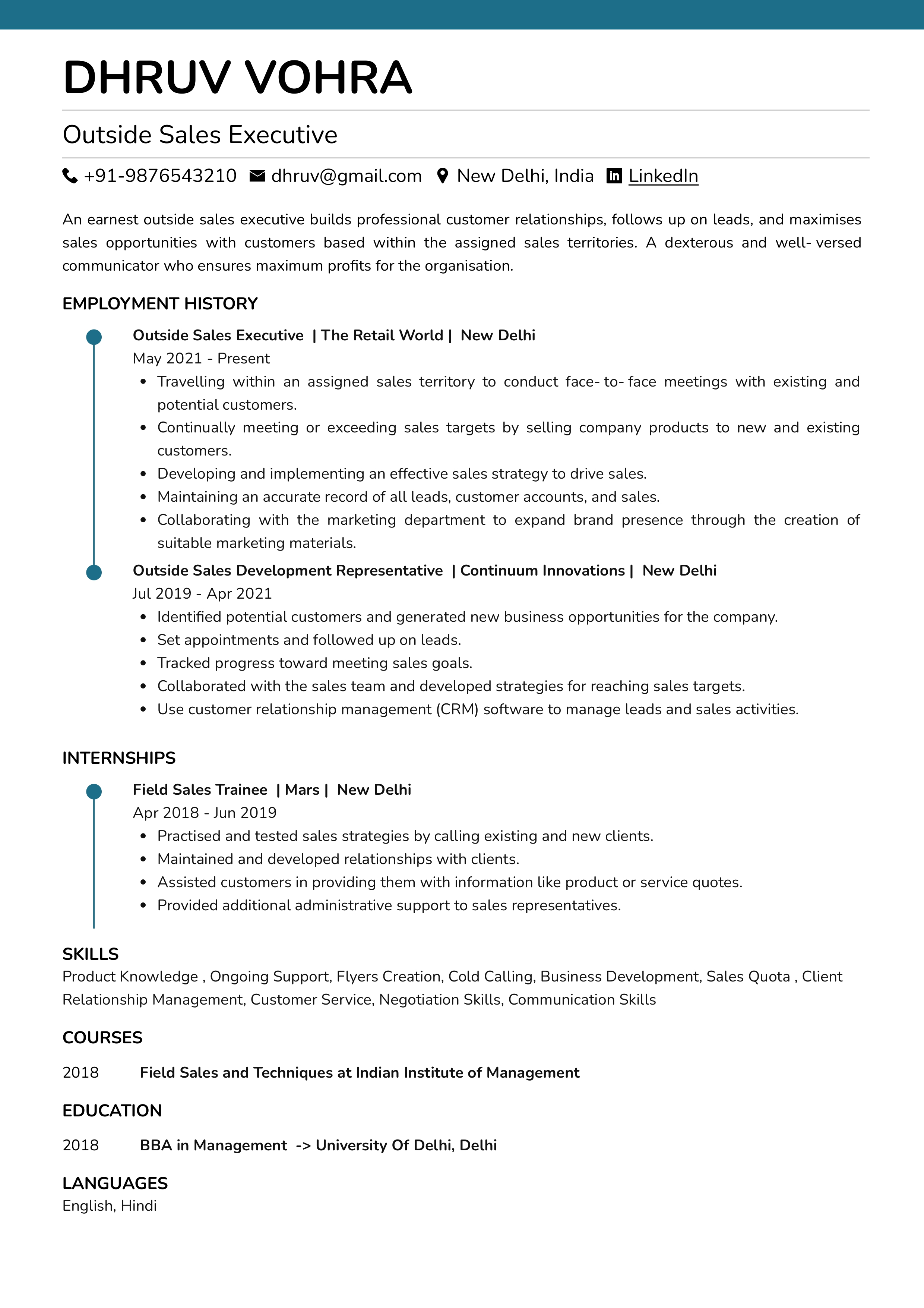 Resume of Outside Sales Executive 