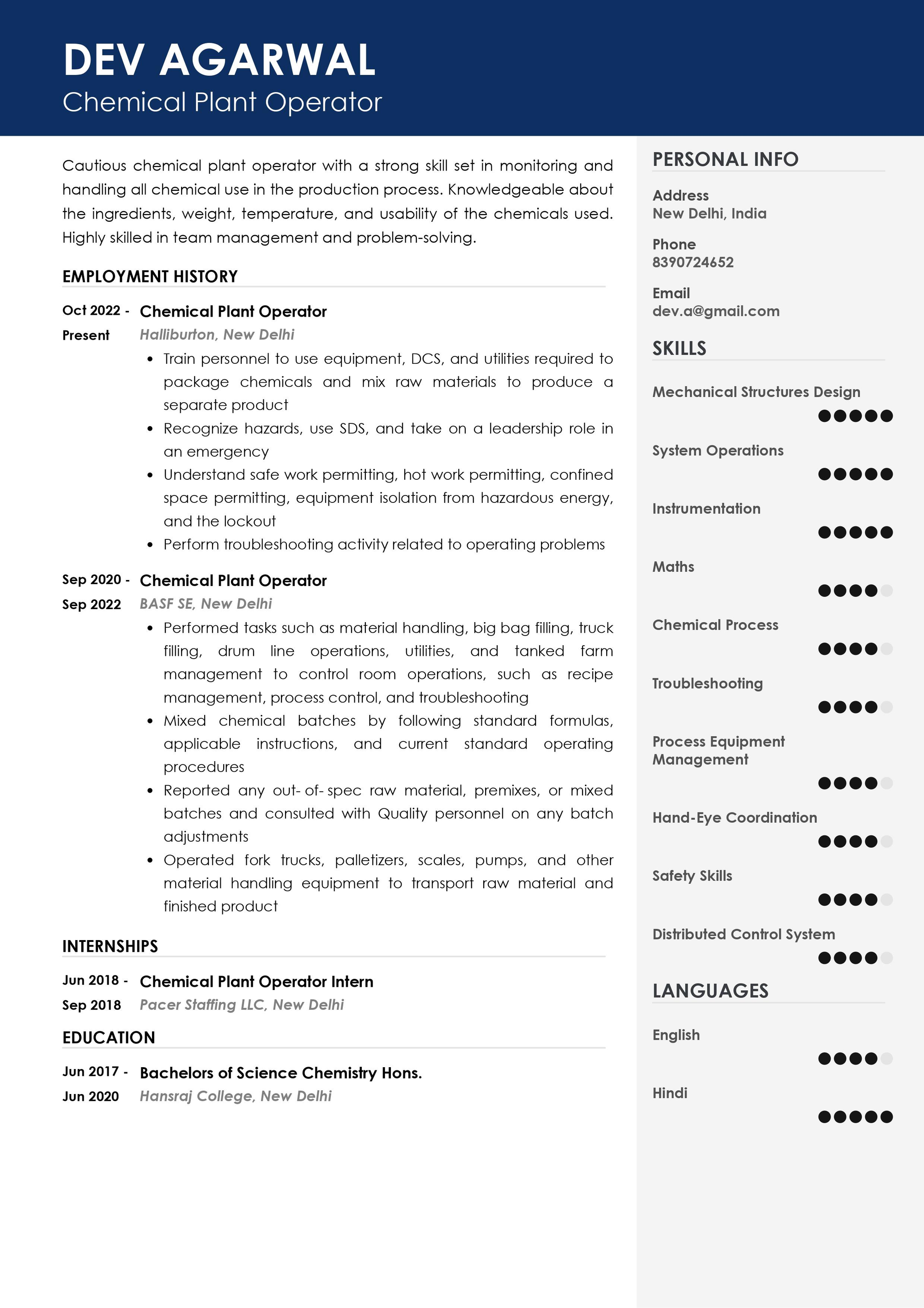 Resume of Chemical Plant Operator 