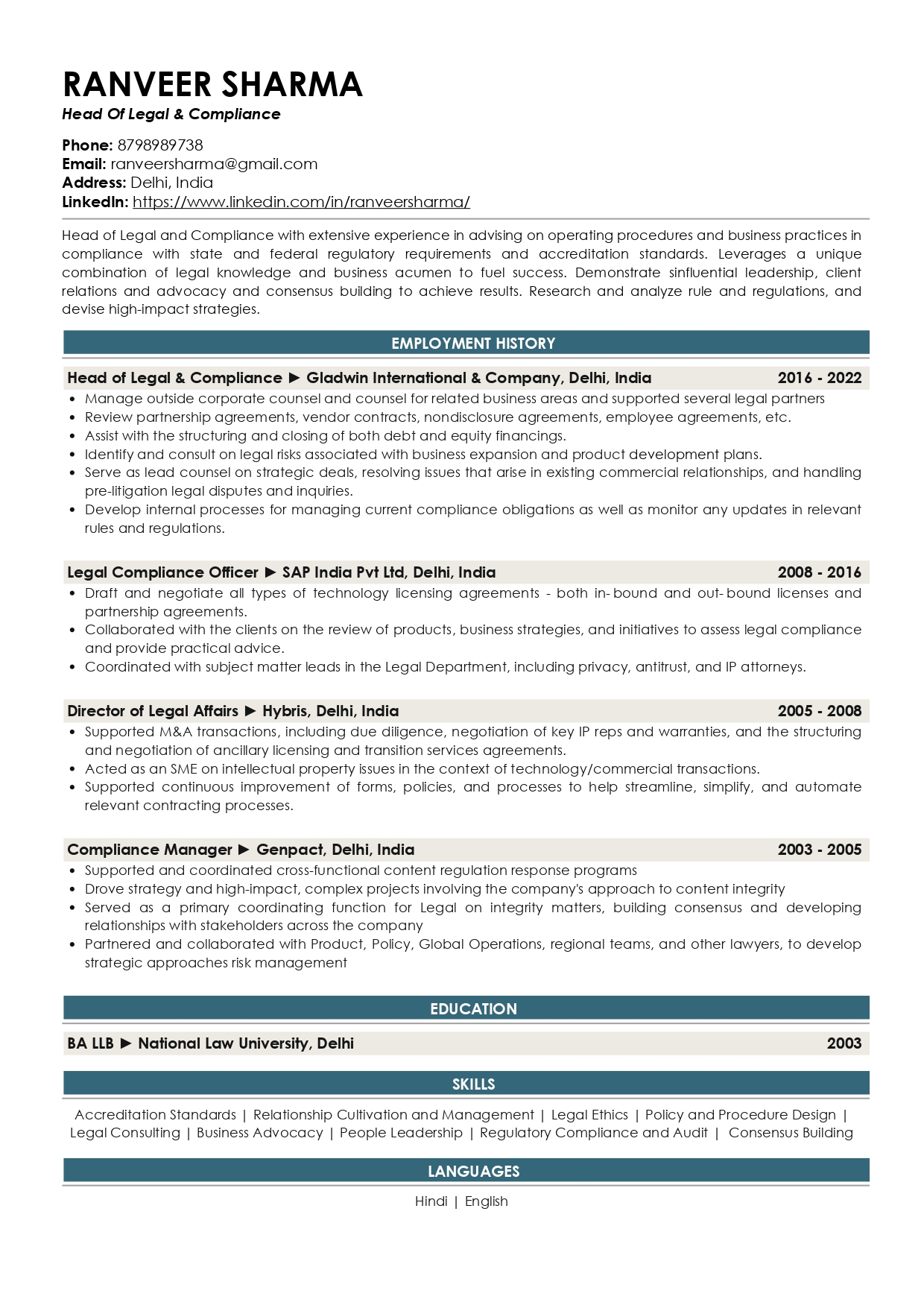 Resume of Head of Legal & Compliance 