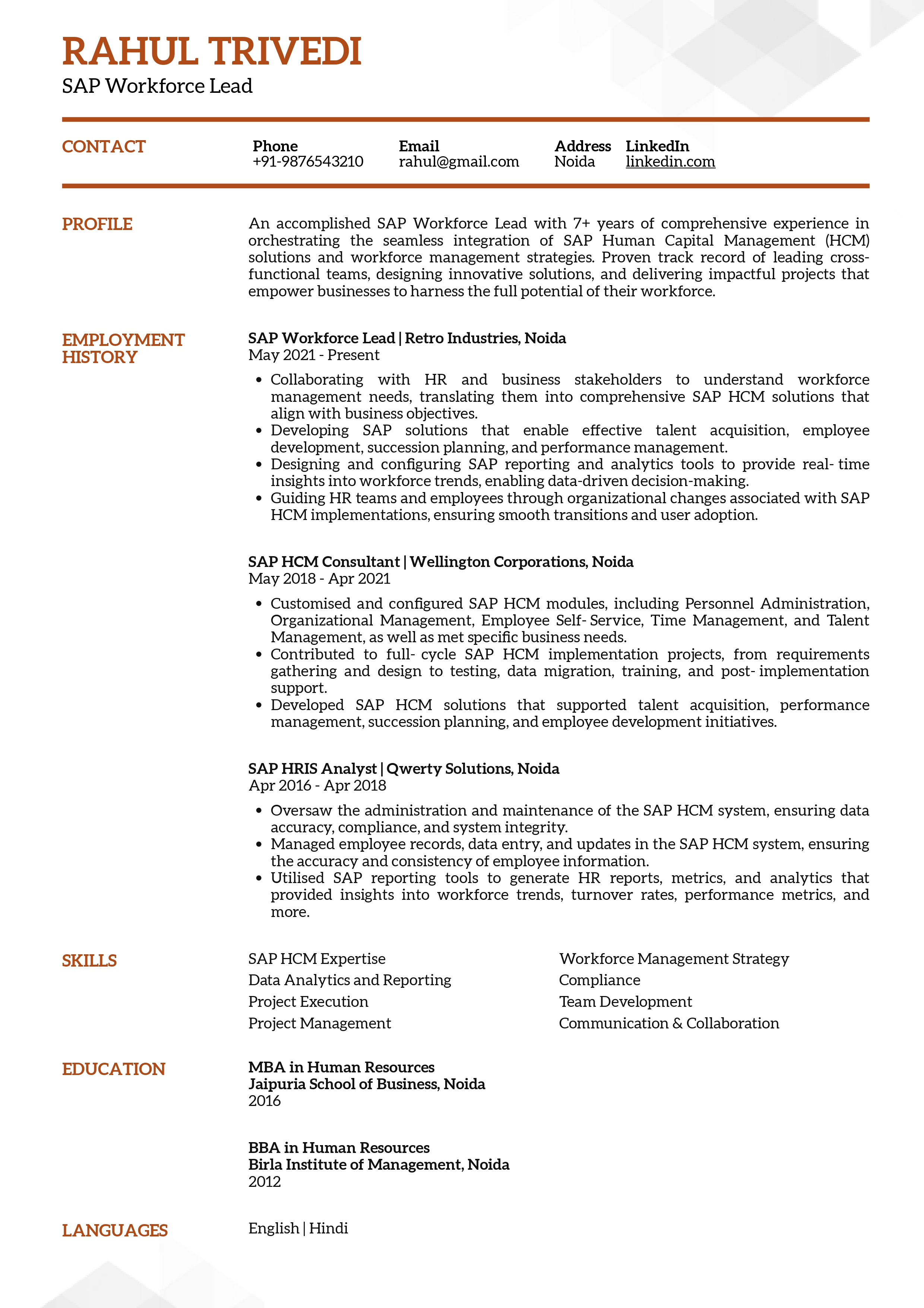 Resume of SAP Workforce Lead