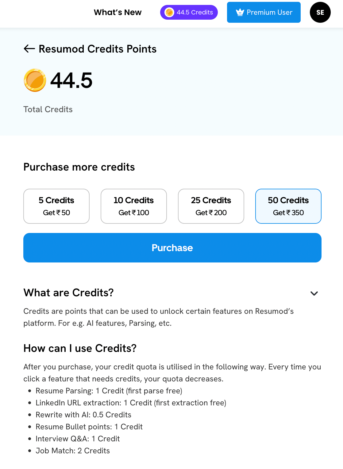 Resumod.co Credit System. Purchase coins and use them across the site for various features.