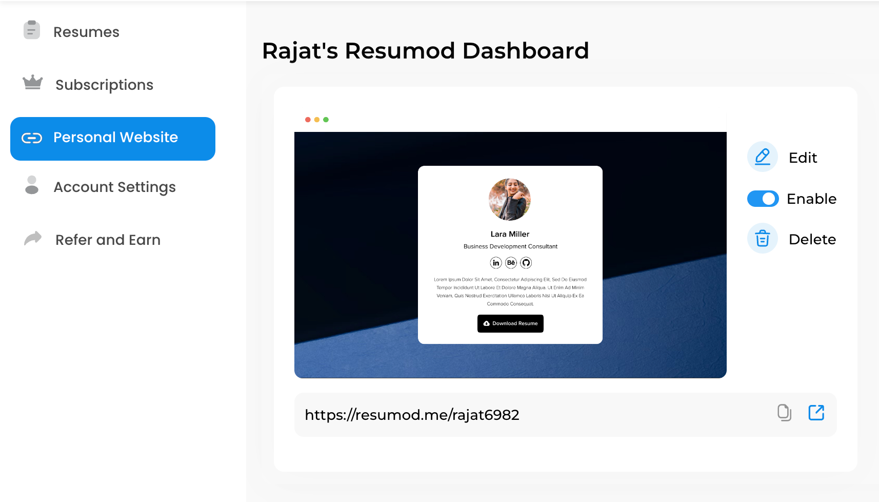 Create your personal mini website with a resume download button on Resumod.co for free