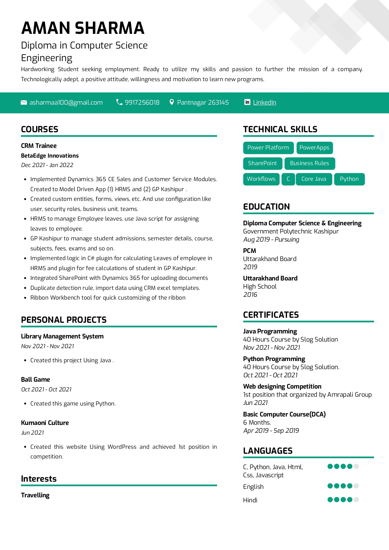 Resume of Computer Science Engineering Graduate