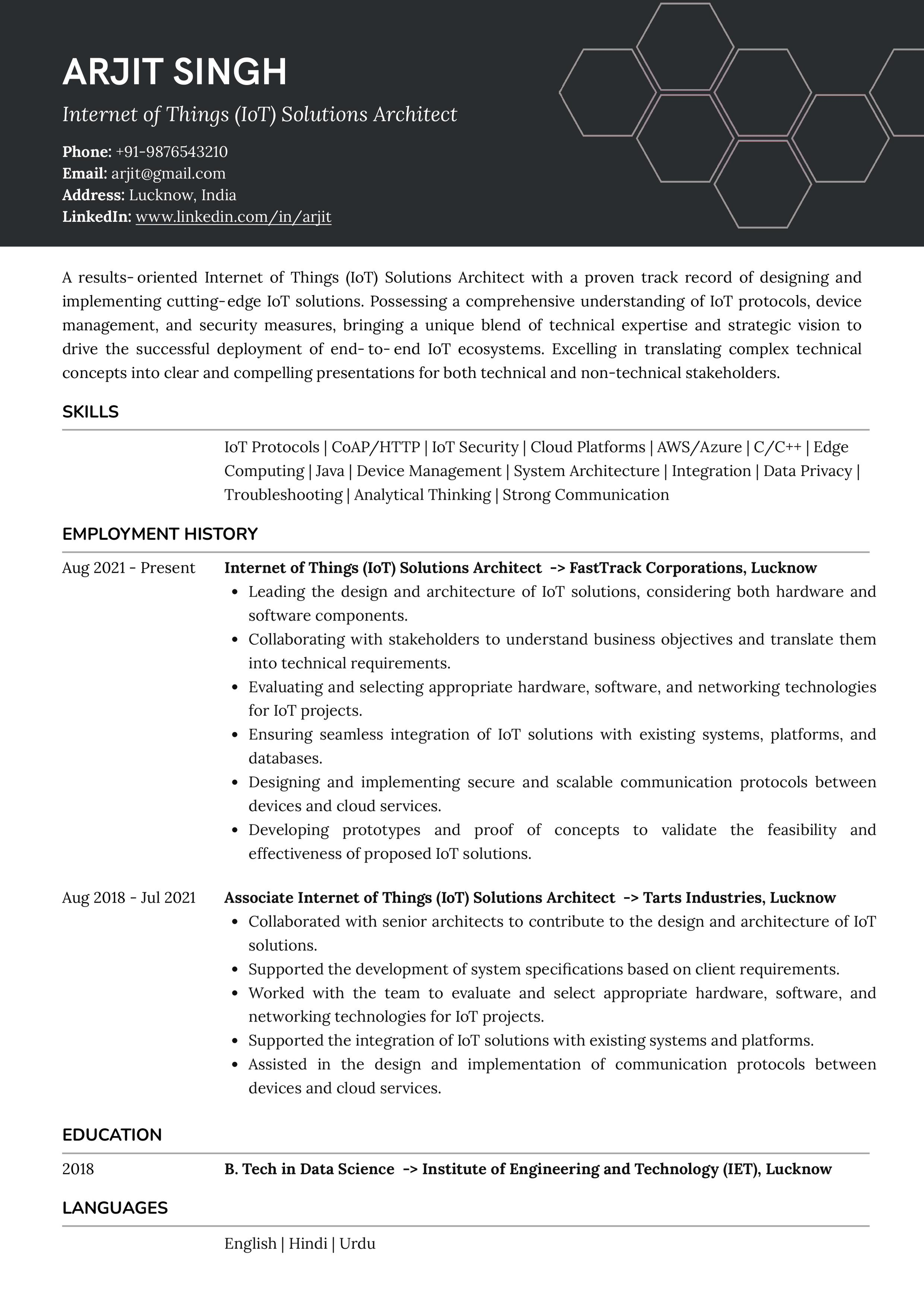 Resume of Internet of Things (IoT) Solutions Architect 