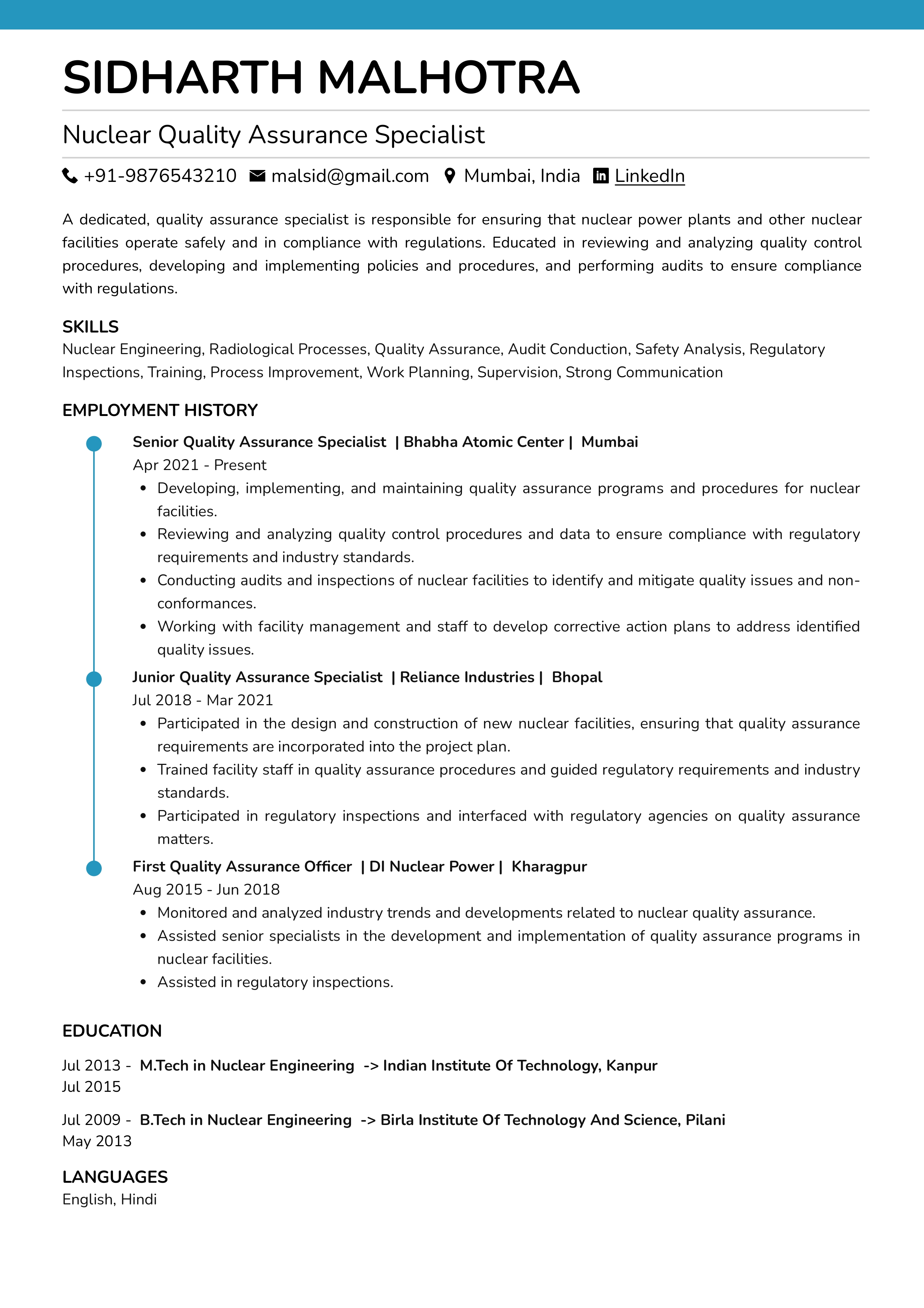 Resume of Nuclear Quality Assurance Specialist built on Resumod