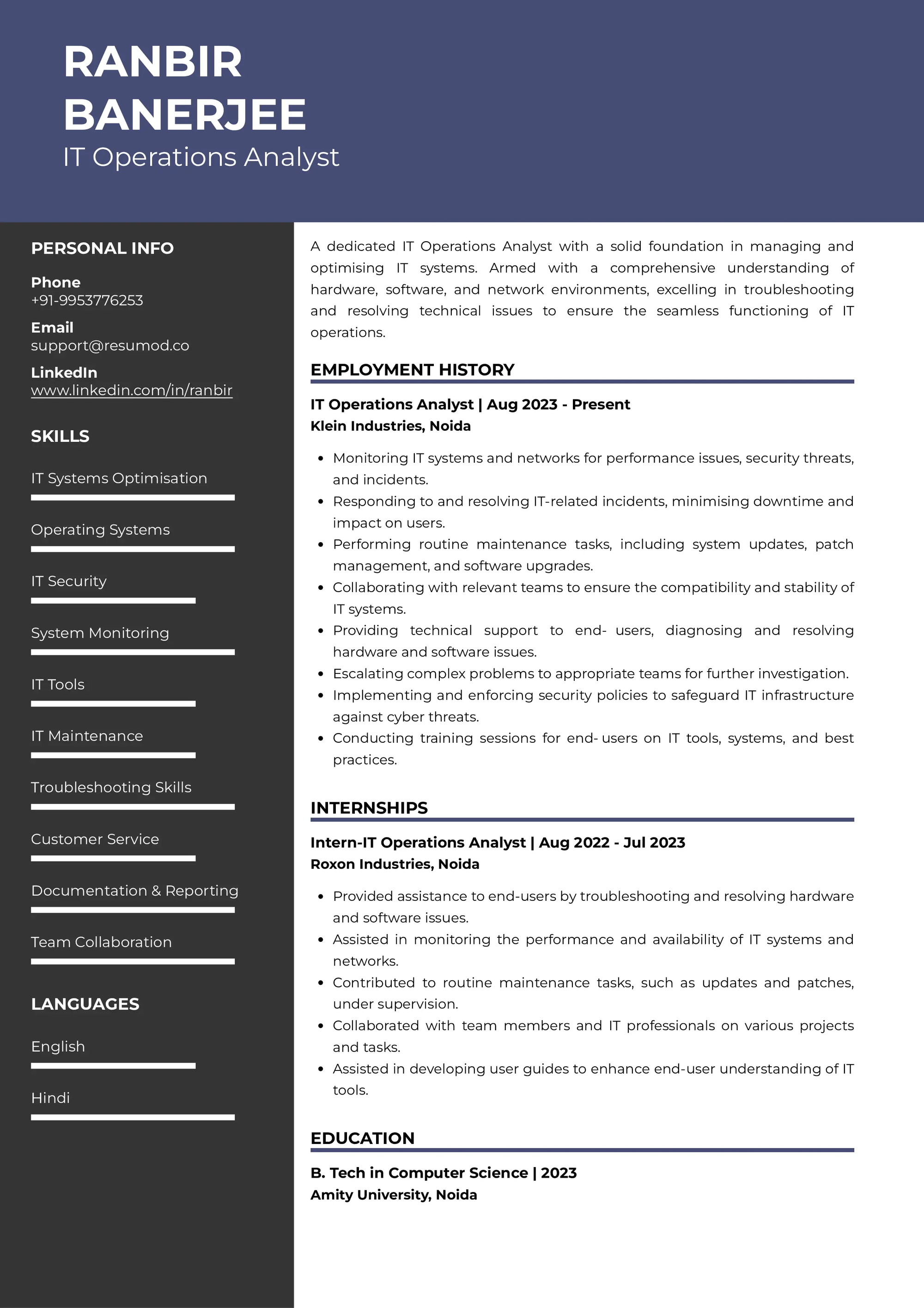 Resume of IT Operations Analyst 